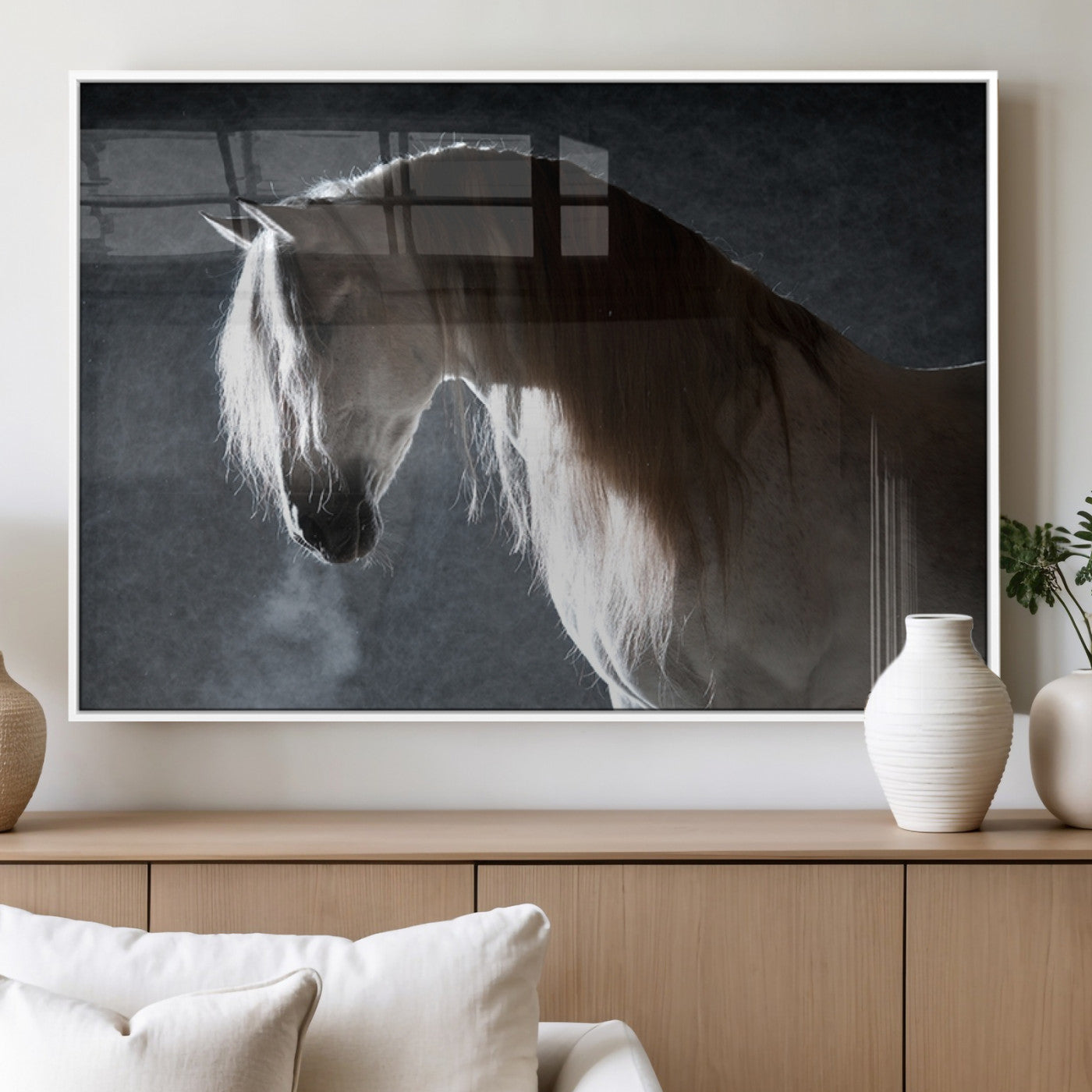 36020-MGV-FP-36X24-3P_White-Large Wall Art Cream Colored Horse on Grey Background Canvas Print
