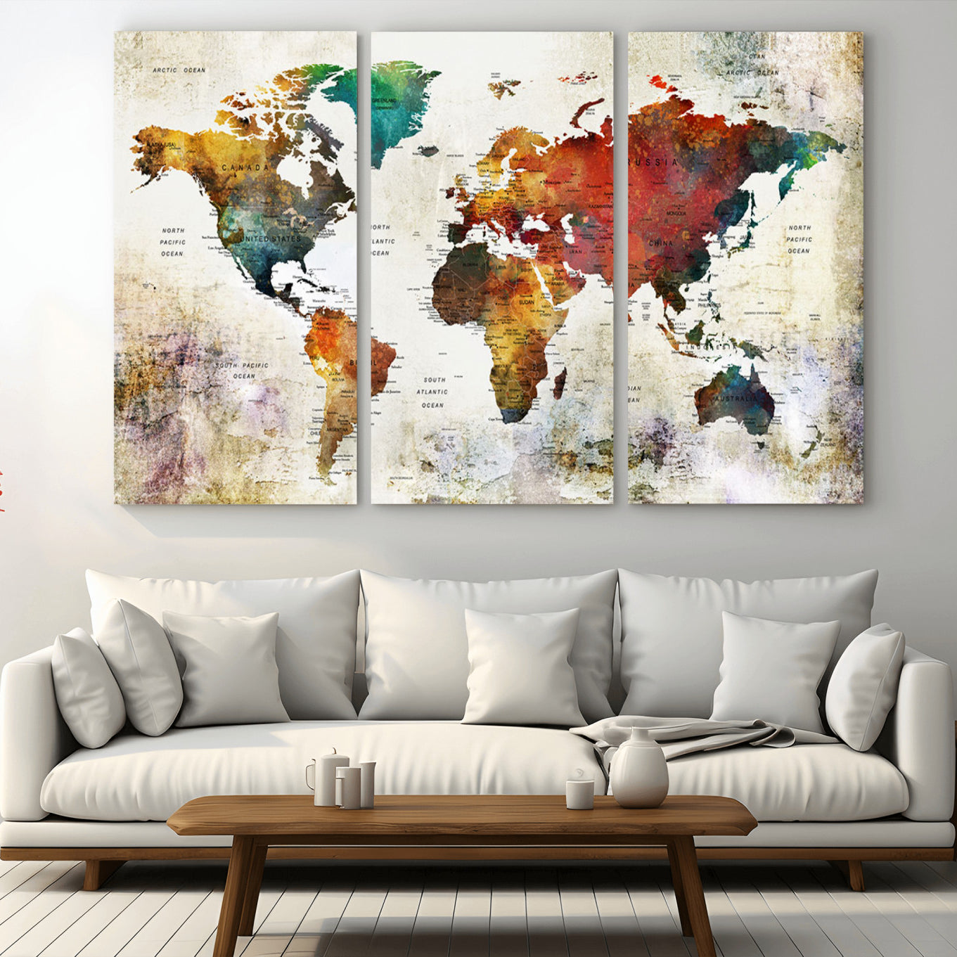-Watercolor World Map Canvas Print – Framed Push Pin Wall Art for Couples, Artistic Travel Map for Modern Home and Office Decor