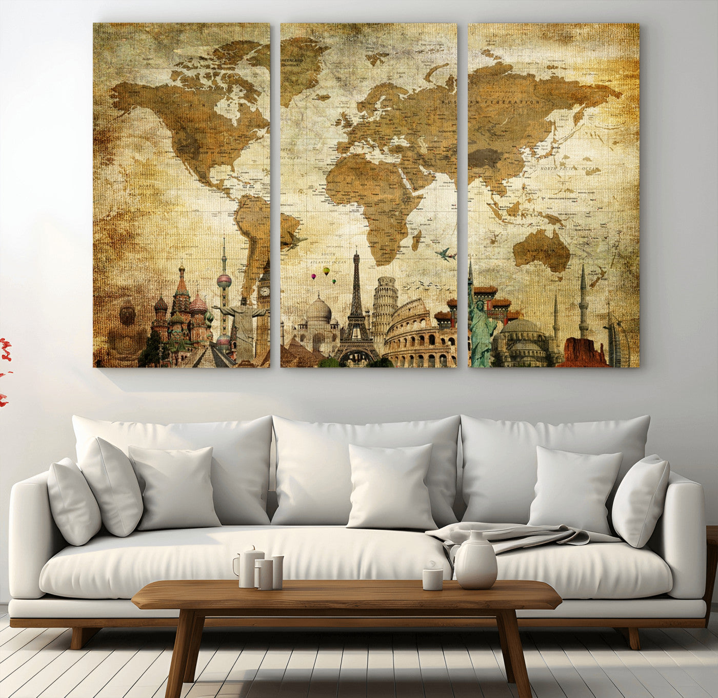 97849-MGV-CV-36X24-Vintage World Map Canvas Wall Art – Framed Push Pin Travel Map with Famous Landmarks, Rustic Home and Office Decor Artwork for Travelers