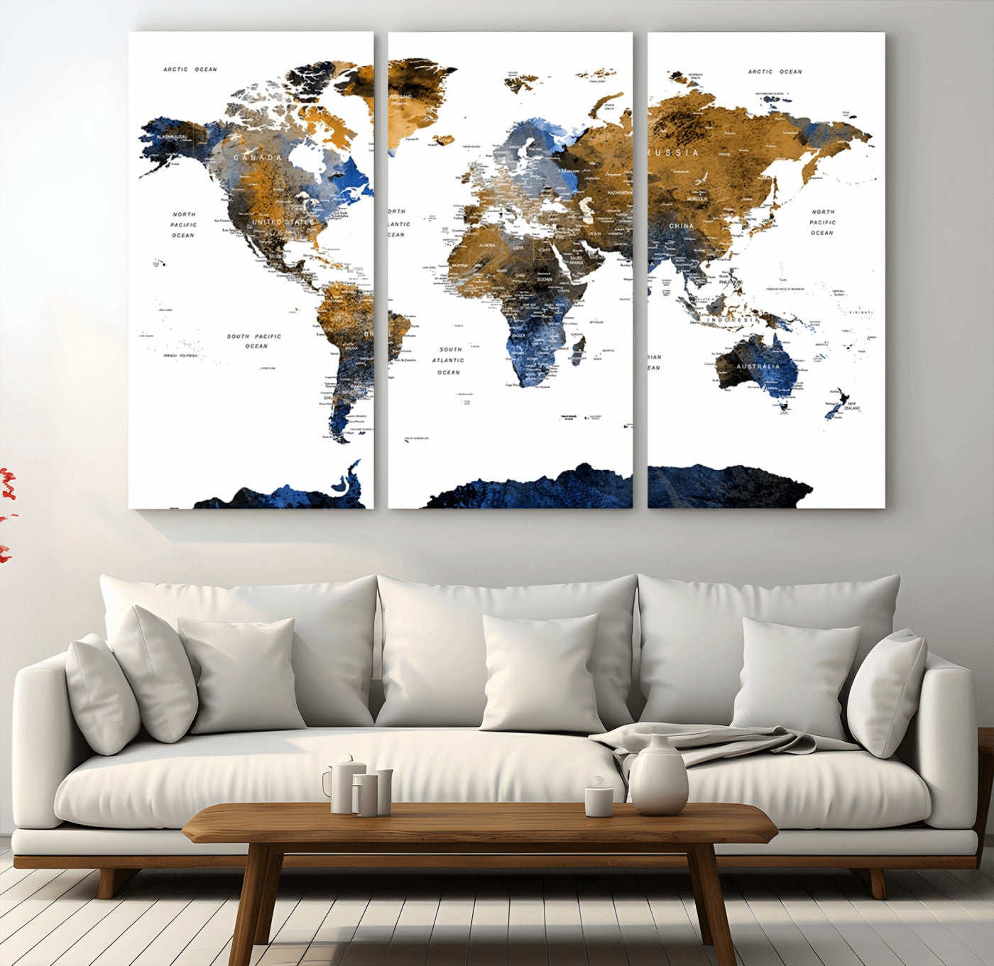 56231-MGV-CV-36X24-Navy and Gold World Map Canvas Wall Art – Framed Modern World Map Print, Elegant Travel Inspired Artwork for Home and Office Decor