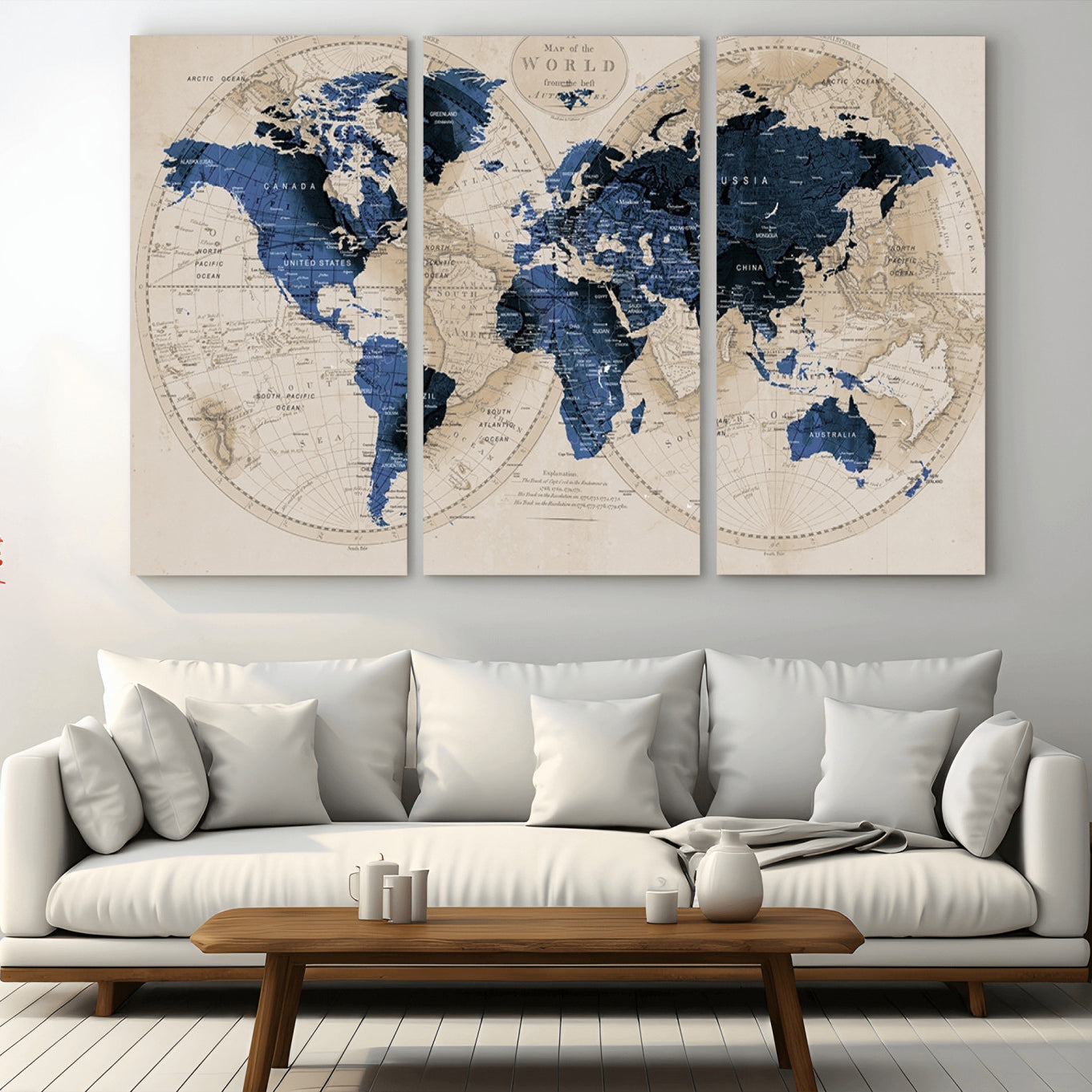-Vintage Blue World Map Canvas Wall Art – Antique Style Framed Map Print, Elegant Travel Decor for Home Office or Study