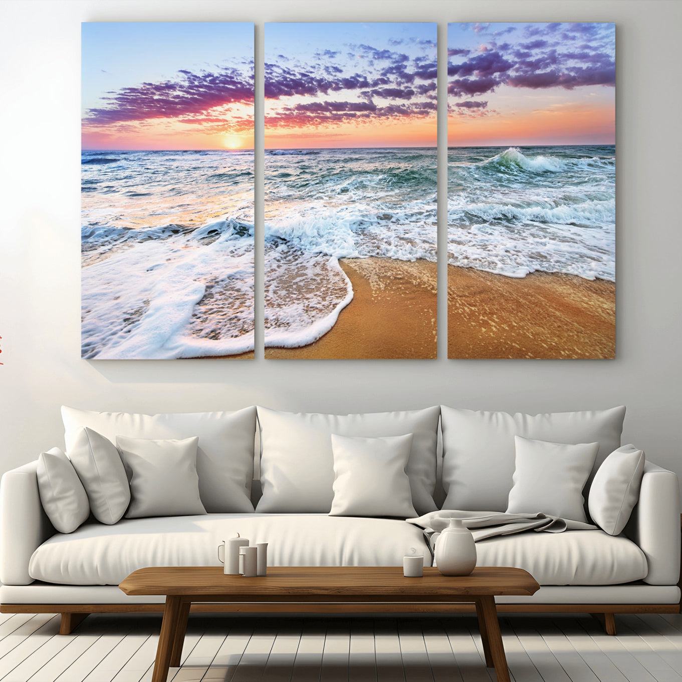 -Coastal Sunset Art Beach Canvas Wall Art Print | Ocean Waves Wall Art | Large 3-Panel Seascape for