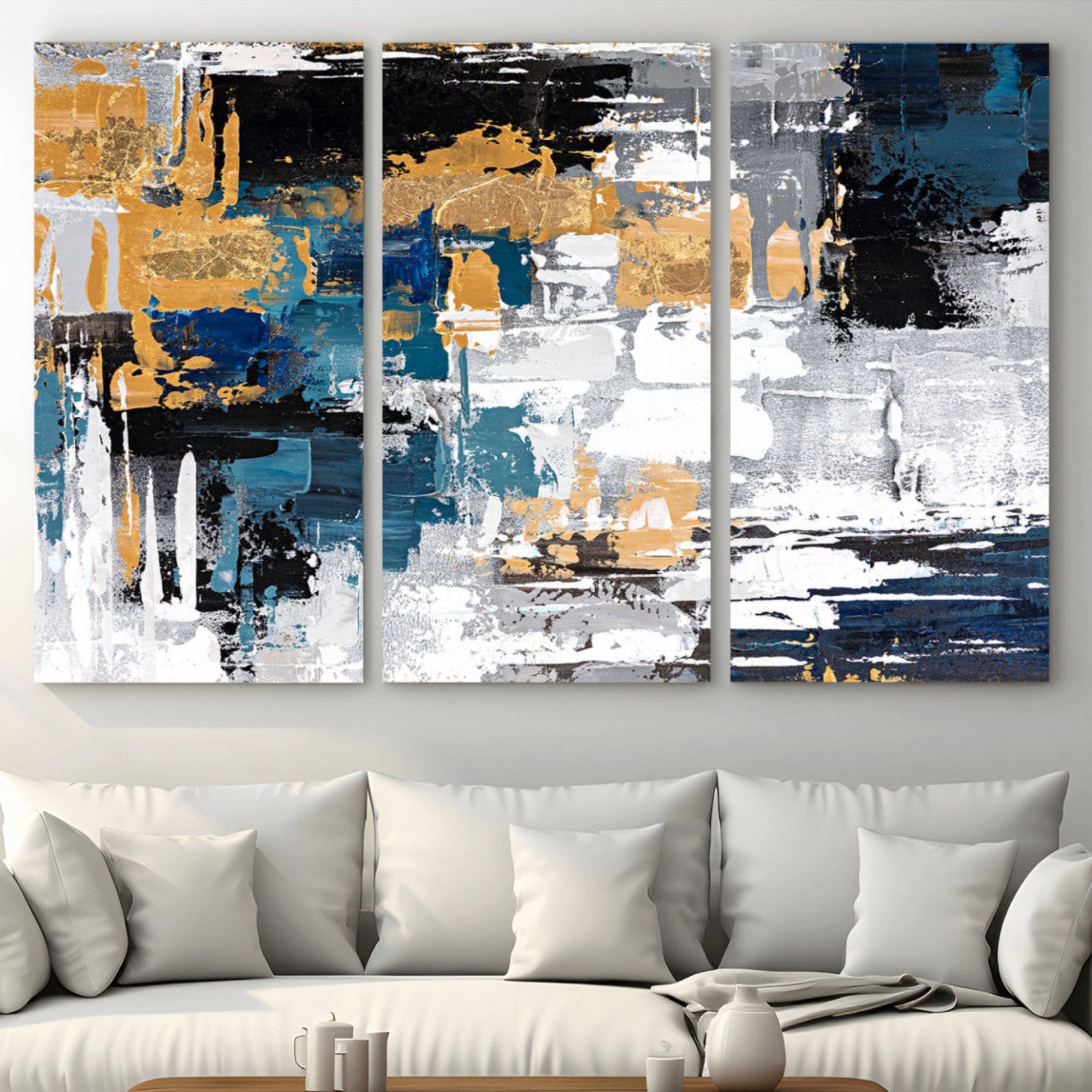 57708-MGV-CV-36X24-Blue and Gold Abstract Canvas Wall Art – Triptych Modern Painting for Living Room – Framed and Ready