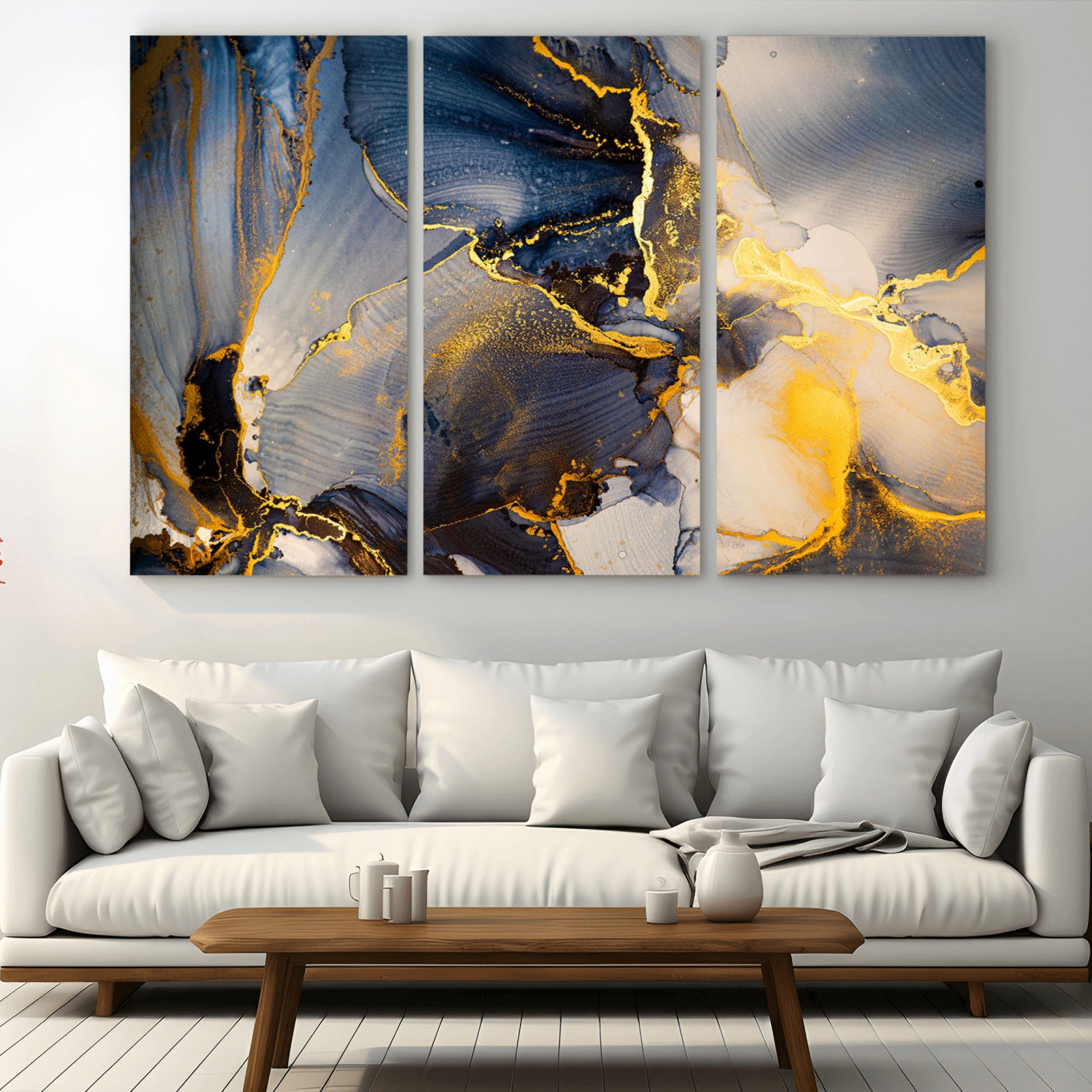 42100-MGV-CV-36X24-Large Abstract Wall Art Print - Gold and Blue Abstract Canvas Wall Art | Fluid Ink Modern Luxury