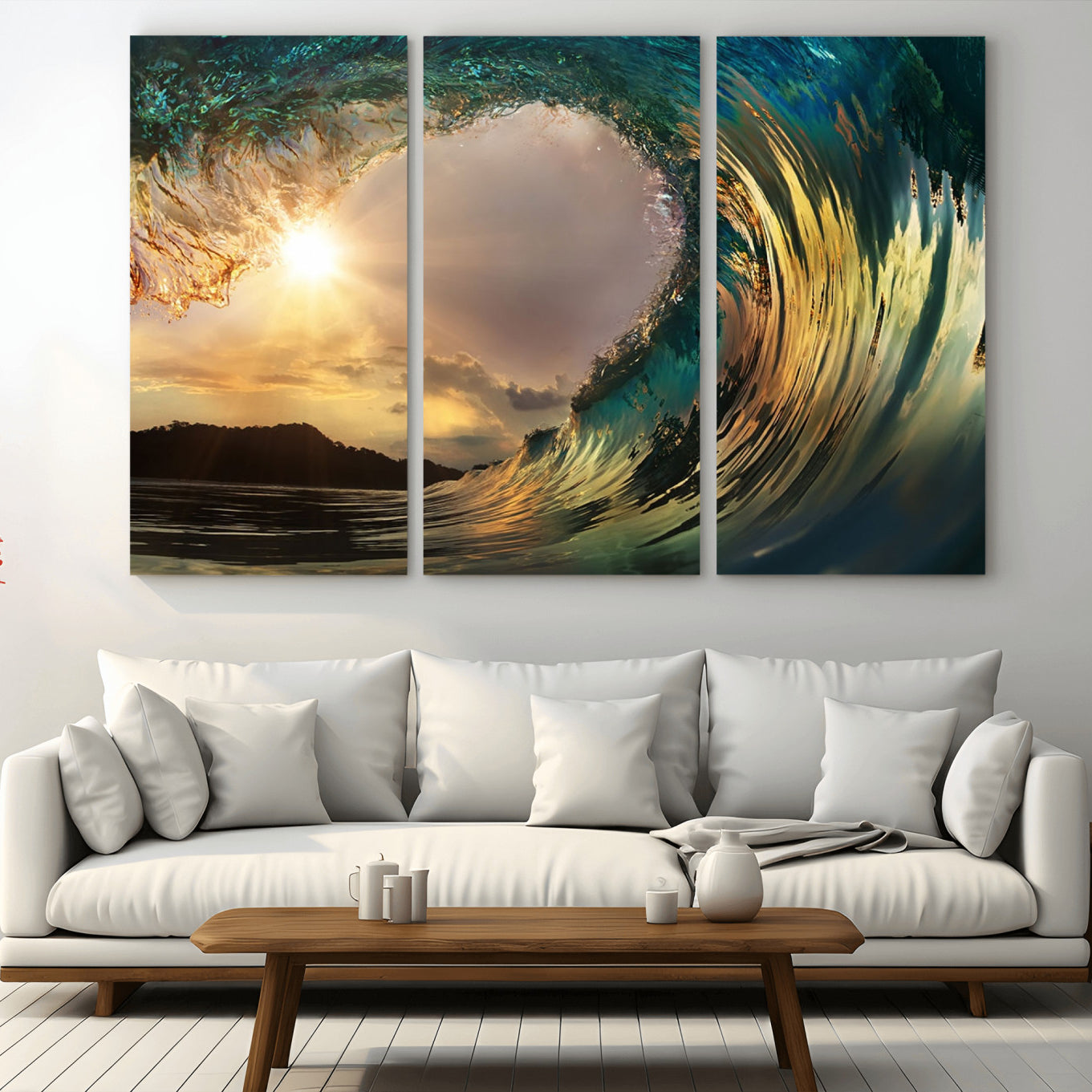 -Golden Wave Sunset Canvas Print – Large Coastal Wall Art for Nature Lovers, Captivating Ocean Wave