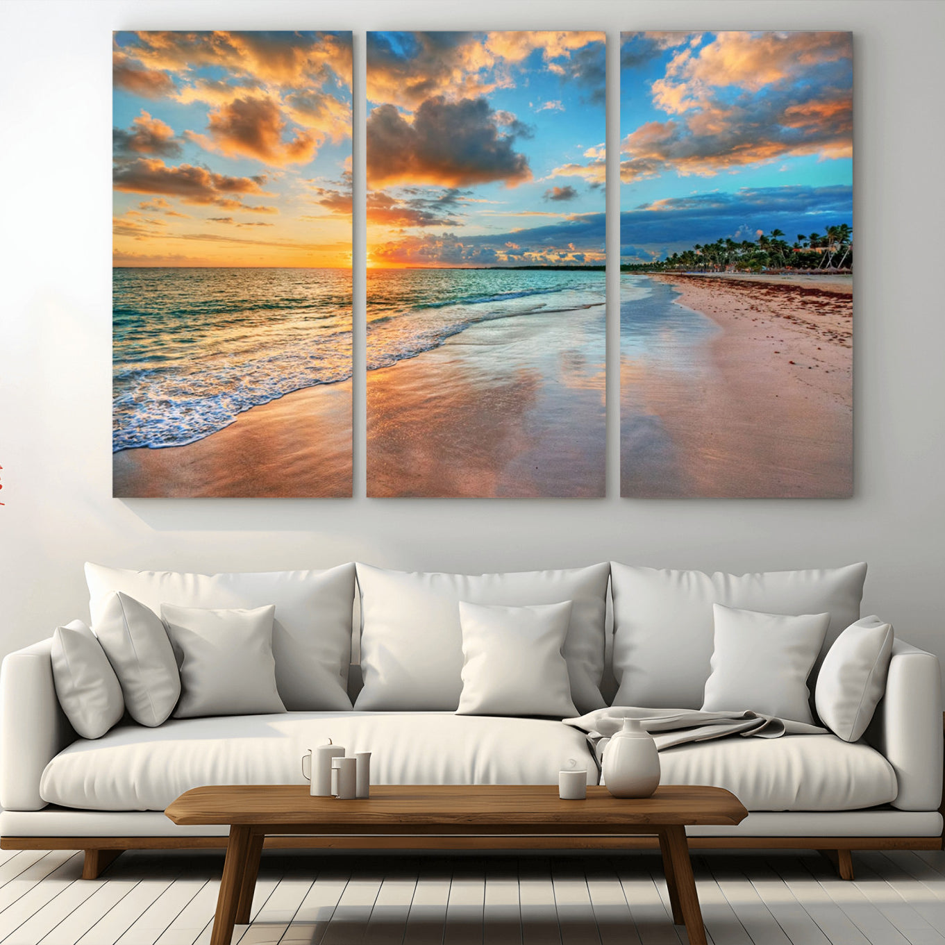 -Sunset Ocean Waves on Tropical Beach, 3-Panel Giclee Canvas Art for Coastal Home Decor, Framed