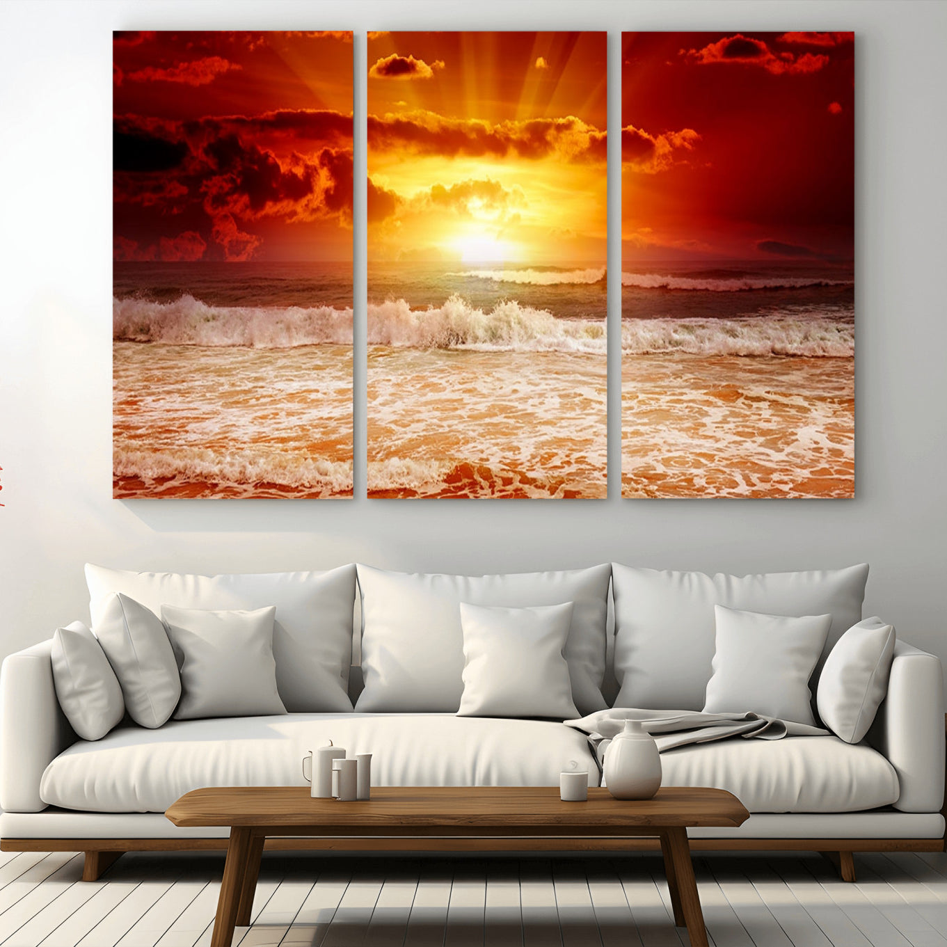 -Red Sunset Ocean Beach Canvas Wall Art Beach Canvas, Coastal Sunset Print