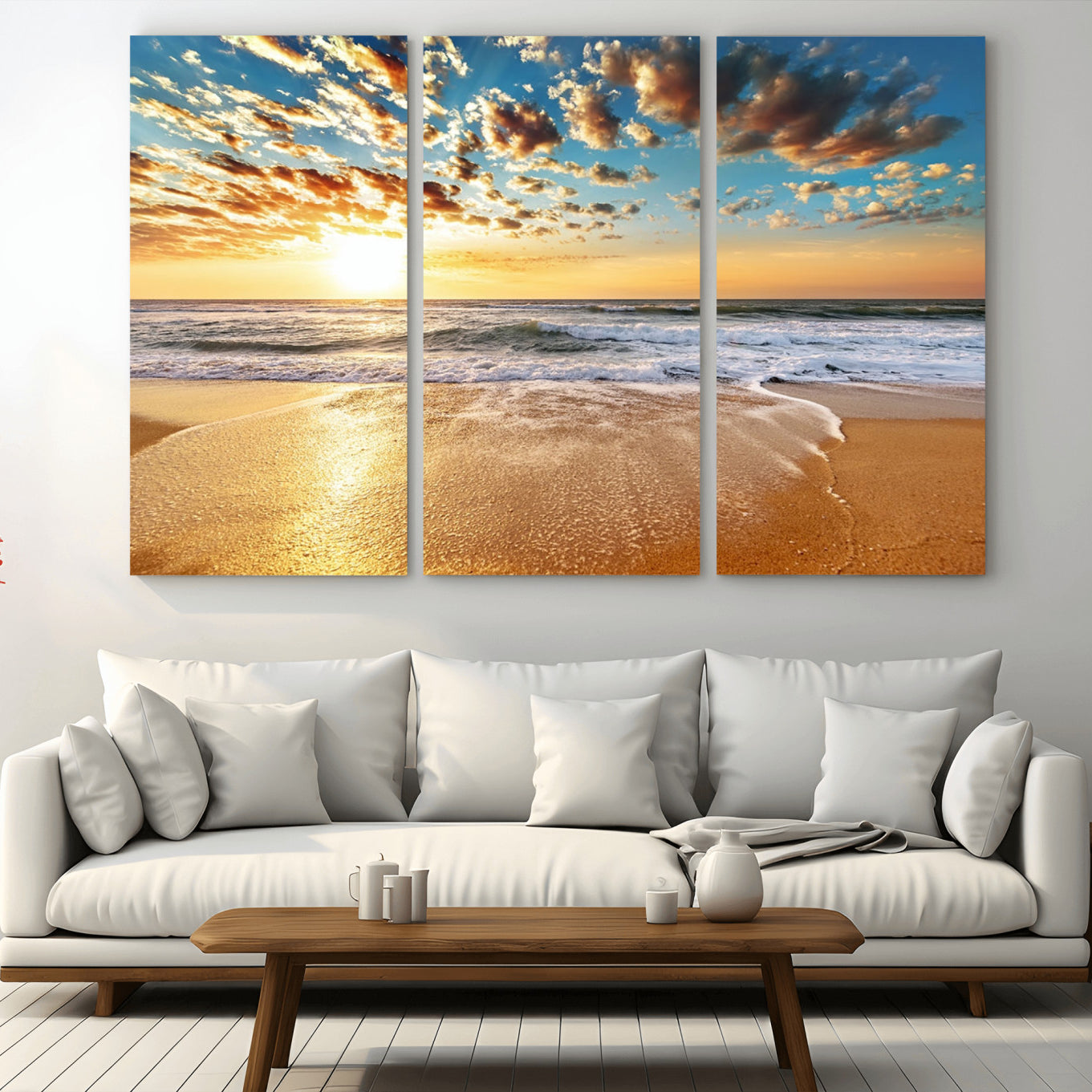 -Golden Sunset Beach Print Canvas Wall Art, Giclee Canvas Print with Canon Print Quality, Triptych