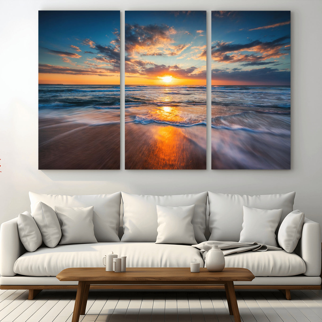 -Sunset on the Ocean Beach with Waves, Reflections on Sand, Coastal Wall Art Print, Beach Wall Art,