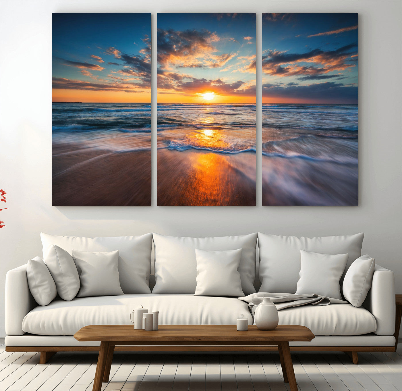 -Sunset on the Ocean Beach with Waves, Reflections on Sand, Coastal Wall Art Print, Beach Wall Art,