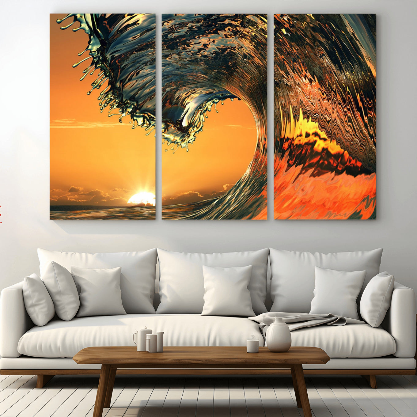 -Surf Wave Sunset Canvas Wall Art Print, 3-Panel Ocean Coastal Wall Art Print, Ocean Decor for