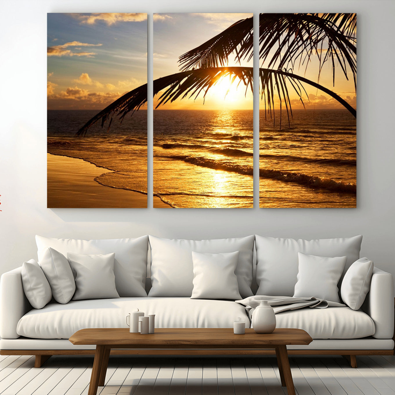 -Golden Tropical Beach Sunset Canvas Triptych, Coastal Palm Tree Wall Art, Ocean Shoreline Giclee