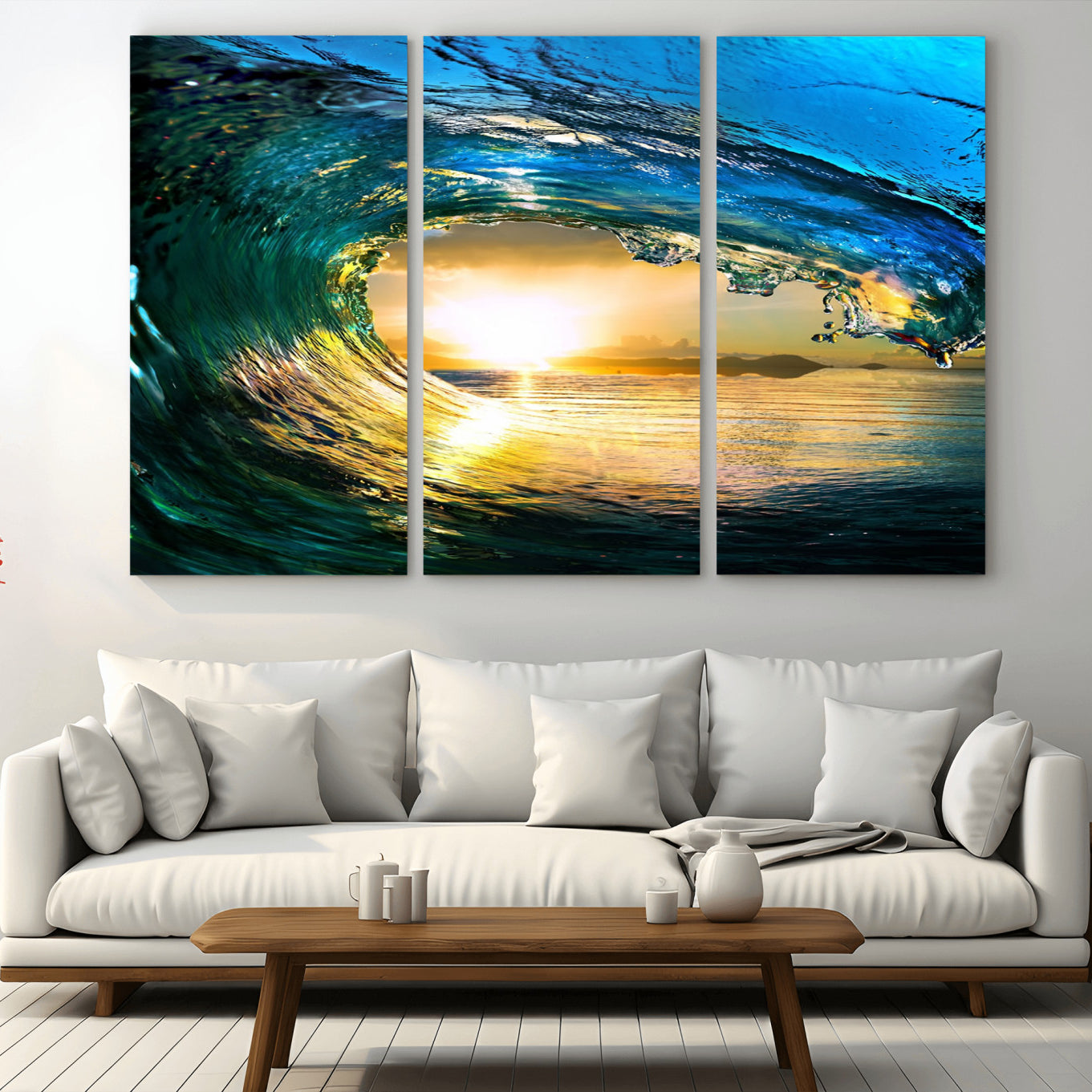-Ocean Wave at Sunset Canvas Art, Large Wall Print of Vibrant Water Waves, Coastal Art for Living