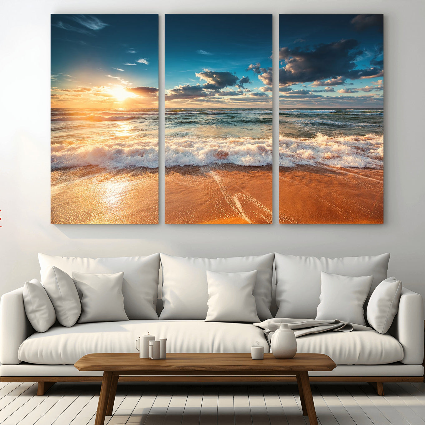 -Golden Sunset Beach Triptych Canvas Art, Giclee Coastal Wall Decor, Ocean Waves Print, Modern Beach