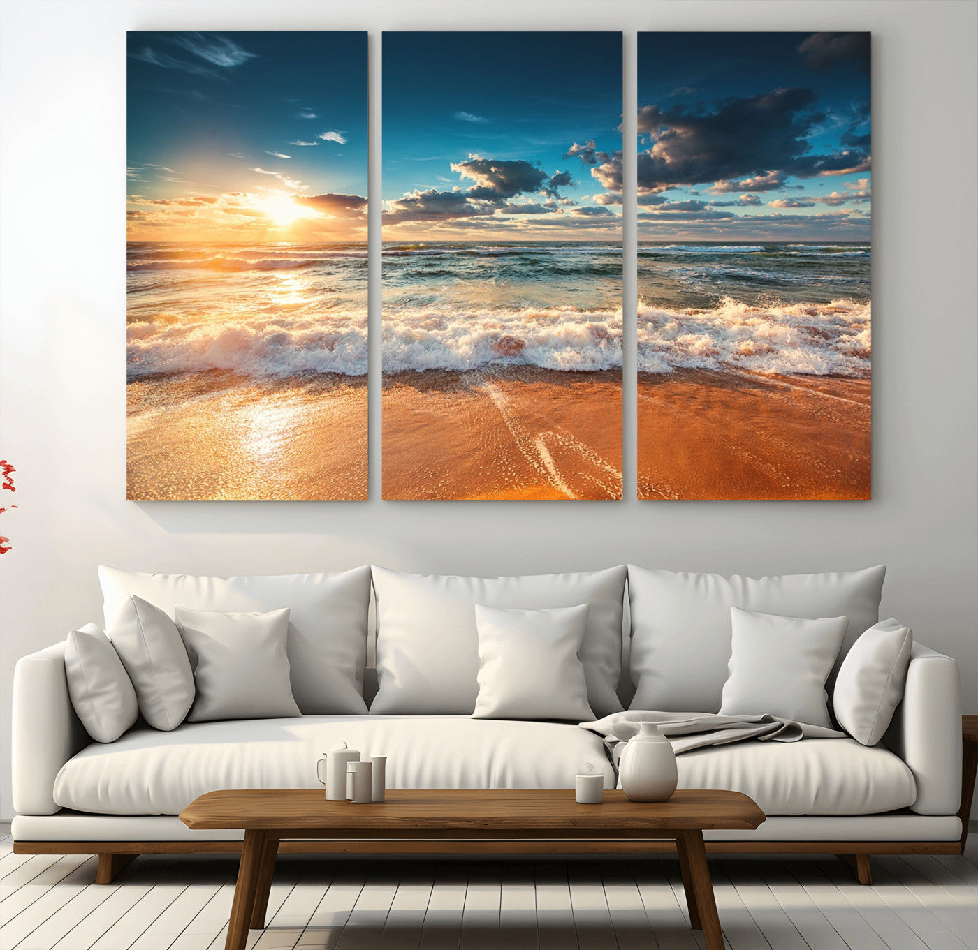-Golden Sunset Beach Triptych Canvas Art, Giclee Coastal Wall Decor, Ocean Waves Print, Modern Beach