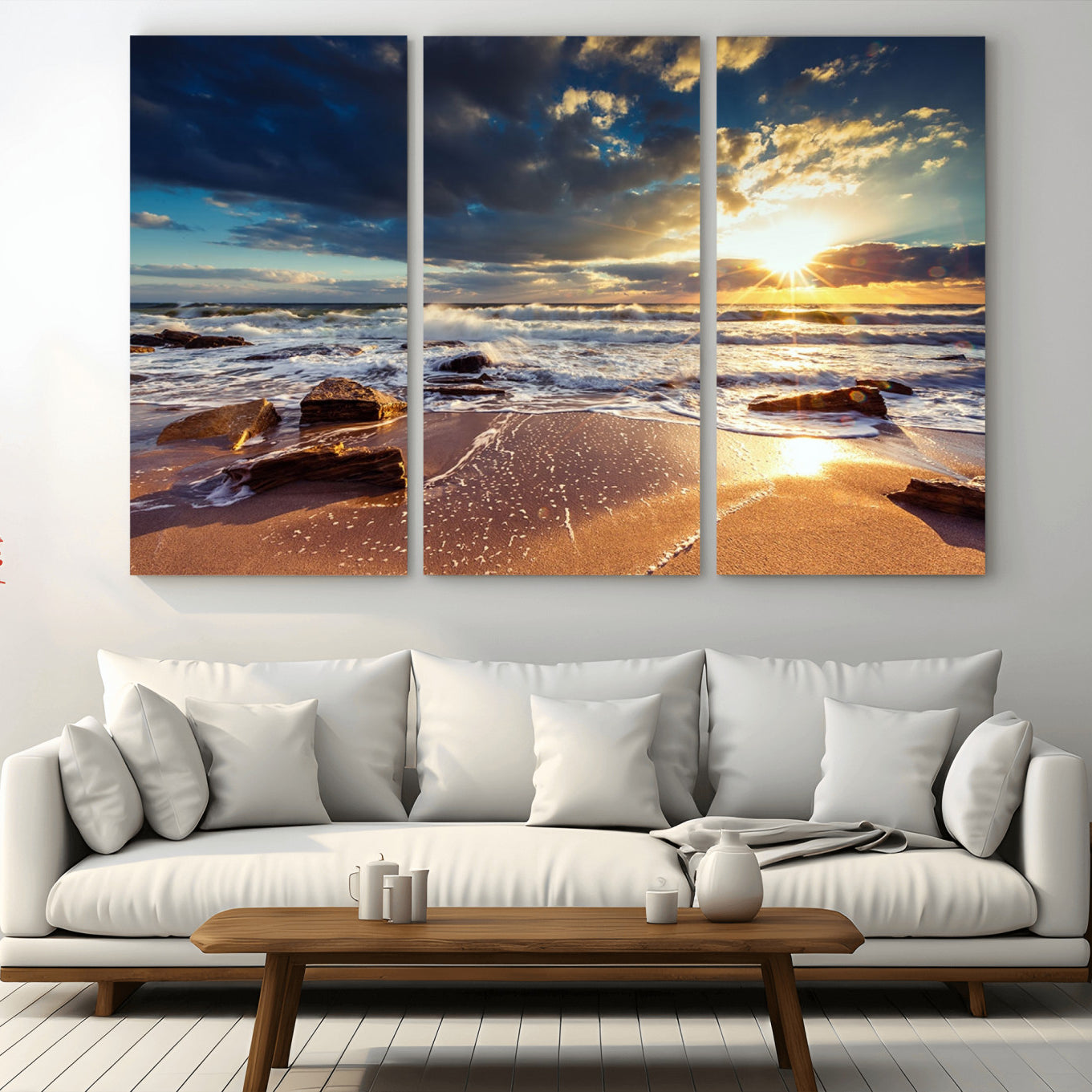 -Golden Hour Beach Sunset Canvas Triptych, Ocean Waves and Rocks Wall Art for Coastal Home Decor