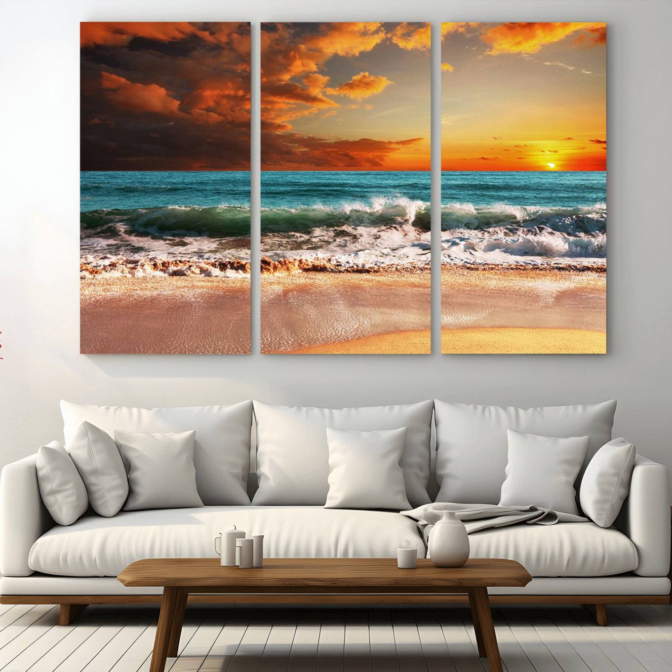 -Golden Sunset Beach Canvas Wall Art – Triptych Seascape Print – Framed and Ready to Hang for Living