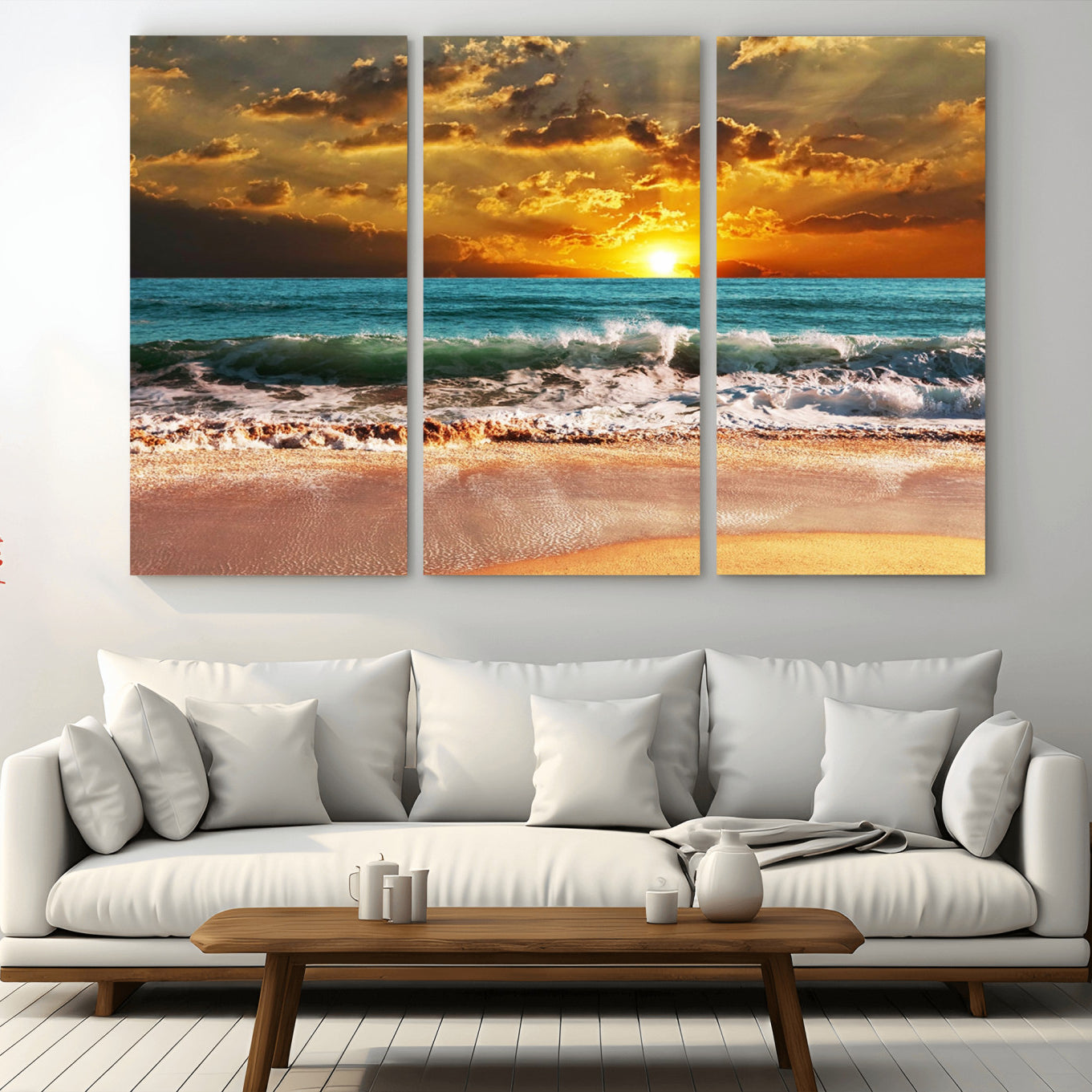 -Golden Sunset Beach Canvas Wall Art – Triptych Seascape Print – Framed and Ready to Hang for Living