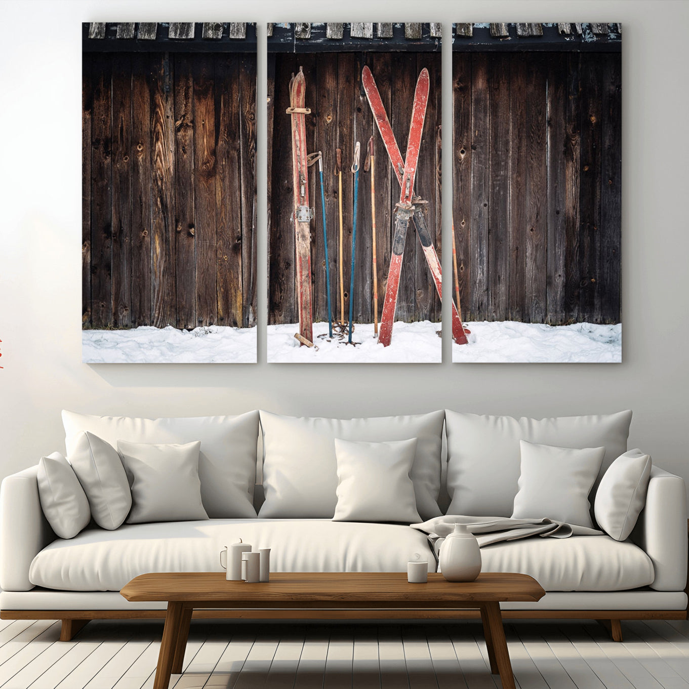 -Vintage Ski Gear Canvas Print, Vintage Ski Gear Against Wooden Cabin Wall, Rustic Winter Sports