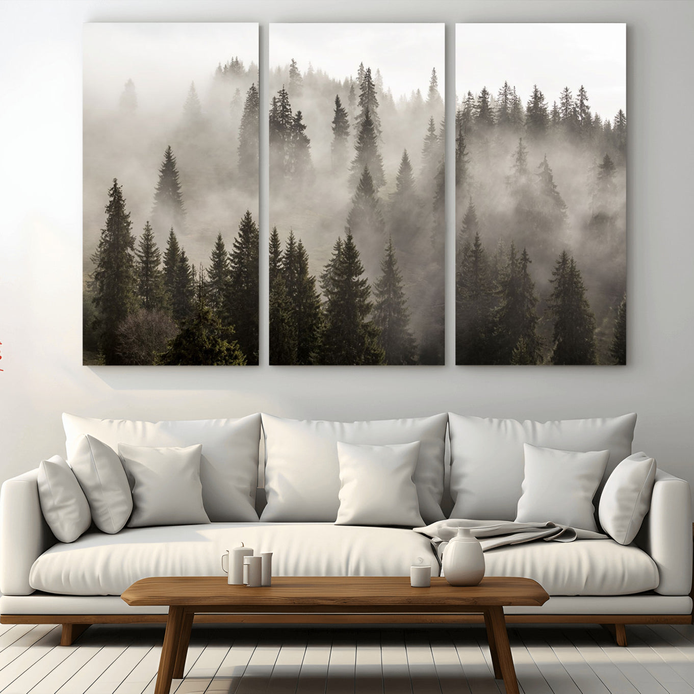 62862-MGV-CV-36X24-Foggy Mountain Wall Art | 3-Panel Foggy Forest and Mountain Landscape | Large Giclee Print for