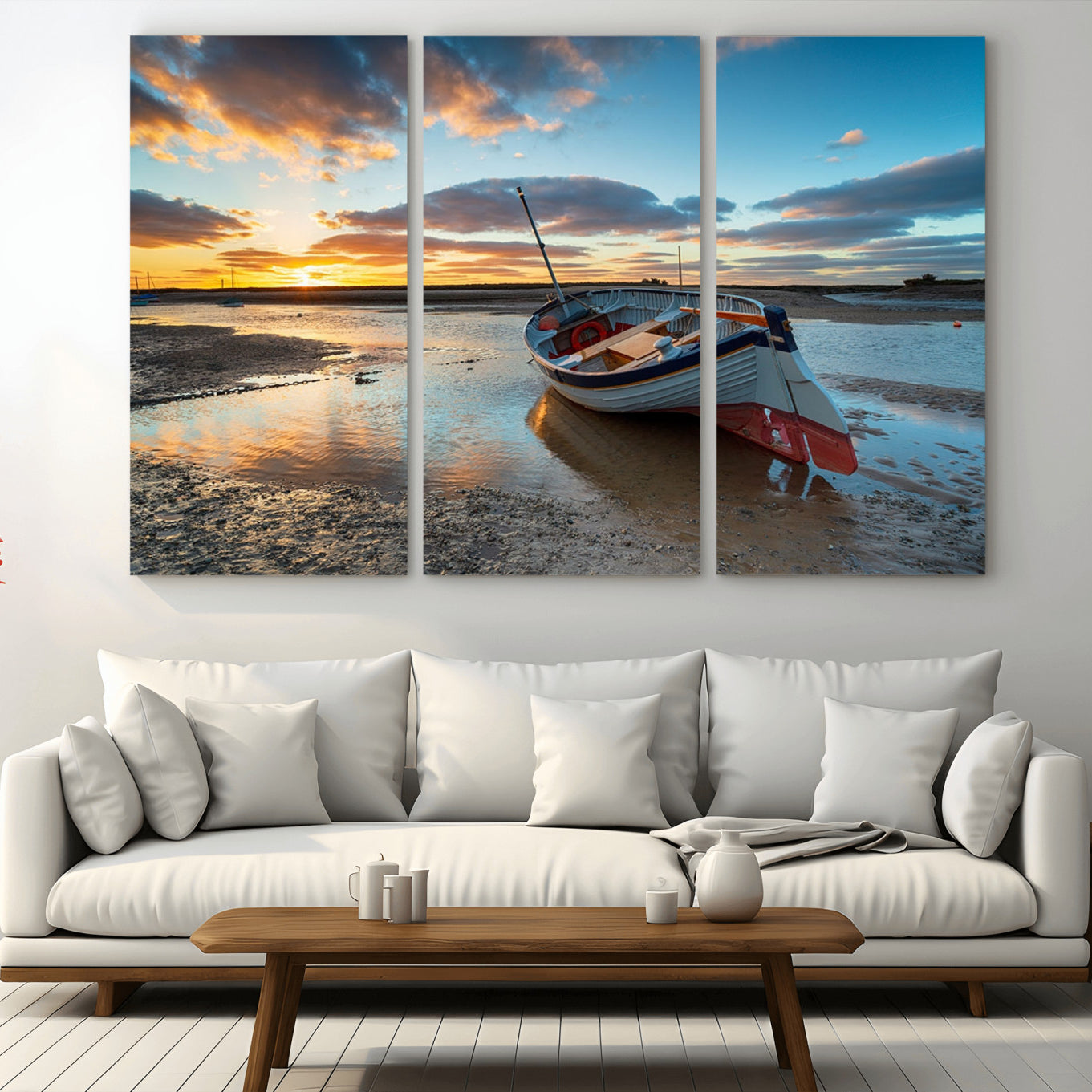 -Small Boat At The Beach Sunset Wall Art, Boat Sunset Wall Art Canvas Print