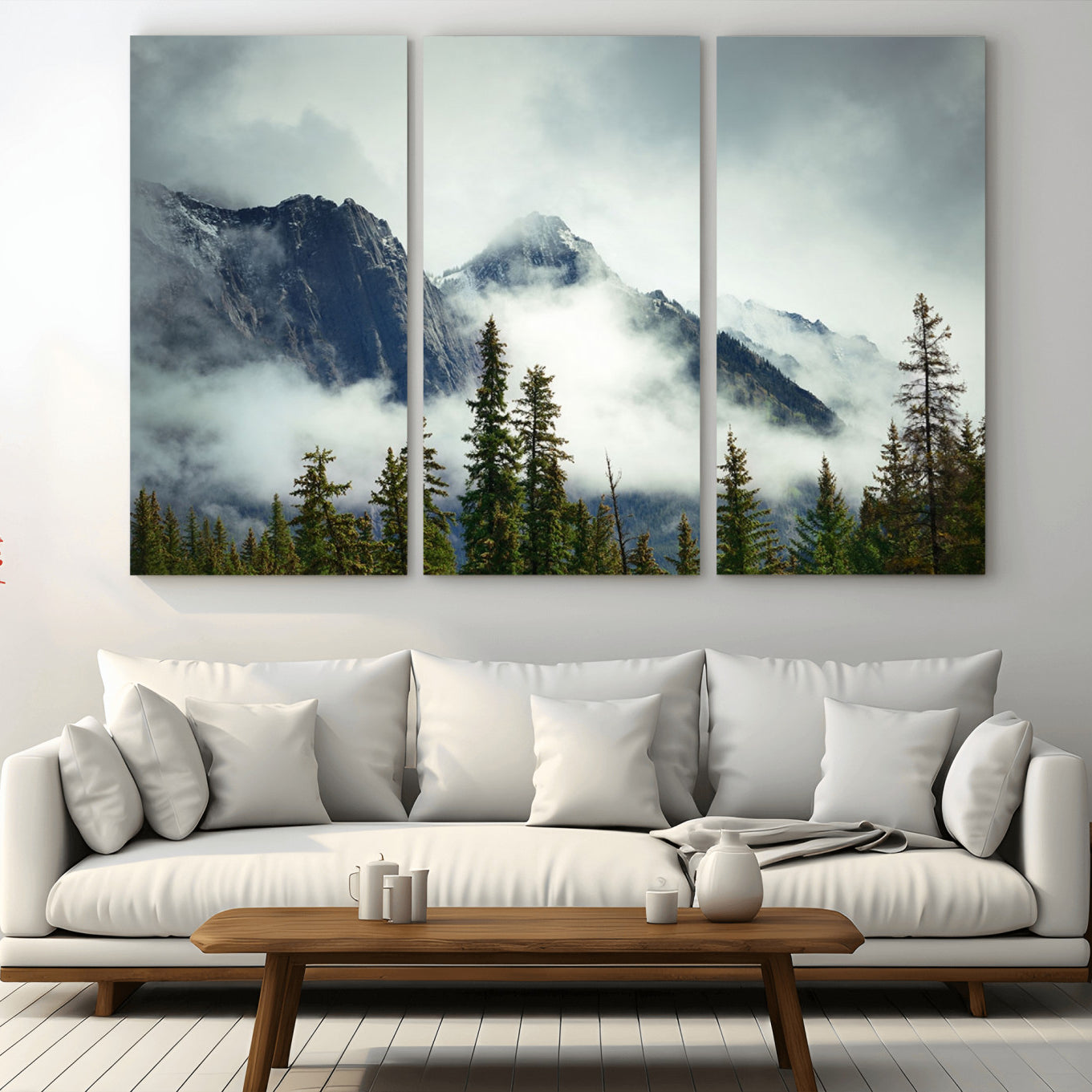 93219-MGV-CV-36X24-Mountain Mist Canvas Wall Art Print | 3-Panel Foggy Forest and Mountain Landscape | Large Giclee