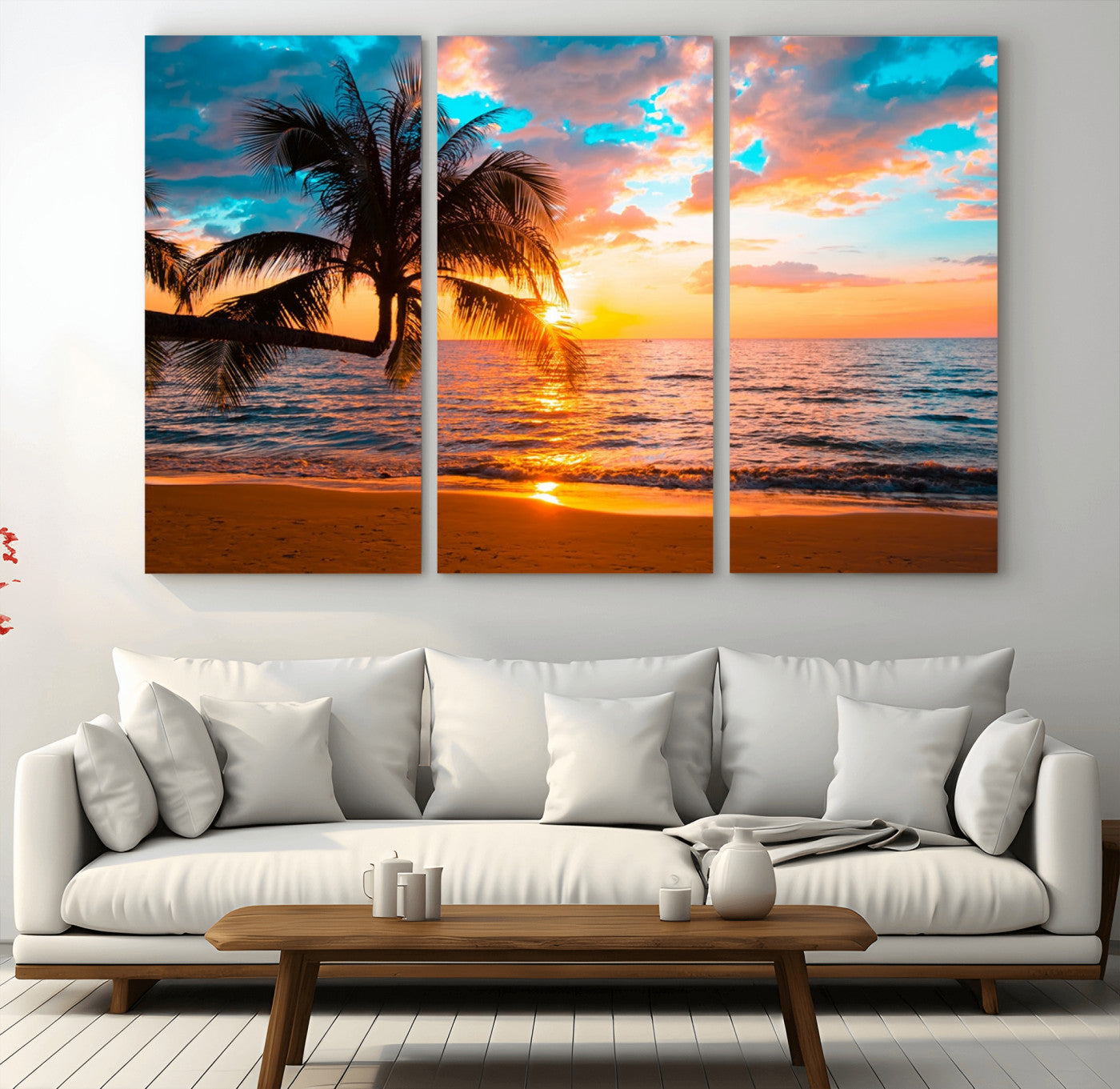 -Palm Tree Sunset On The Beach Wall Art Canvas, Framed Palm Tree Sunset Canvas Print
