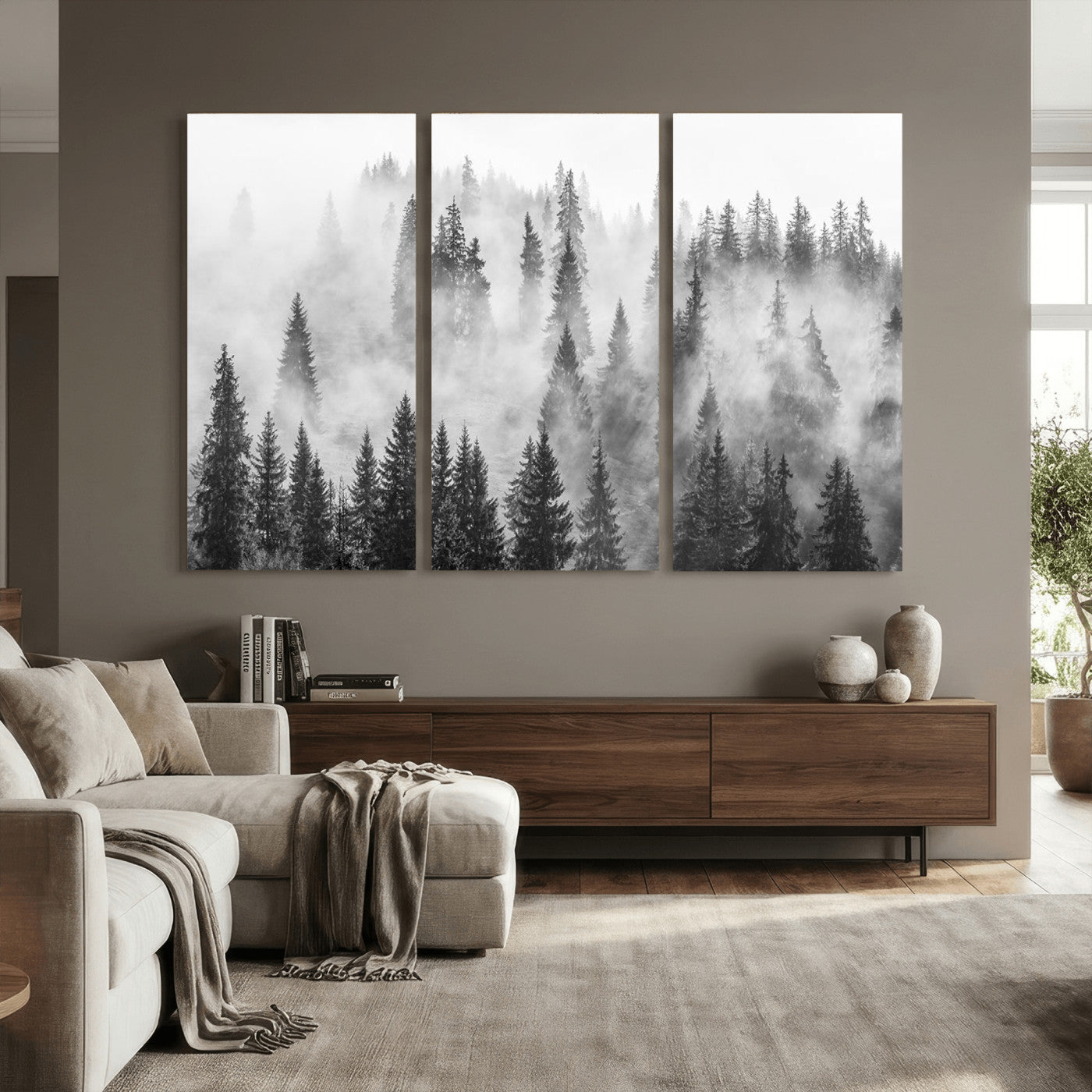 10422-MGV-CV-36X24 - Forest Wall Art Print | Foggy Pine Forest Canvas Wall Art - Black and White Nature Decor for Living