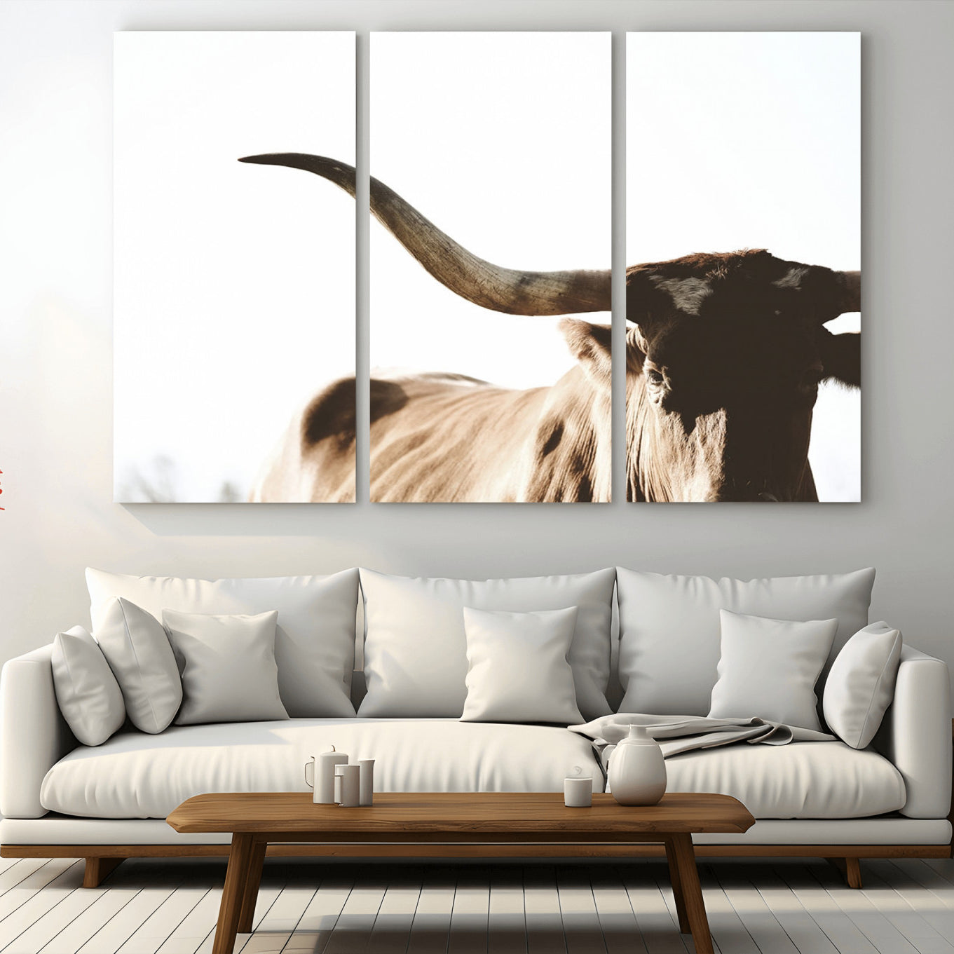 -Texas Longhorn Wall Art Canvas Print | 3-Panel Large Longhorn Canvas Print for Living Room, Framed