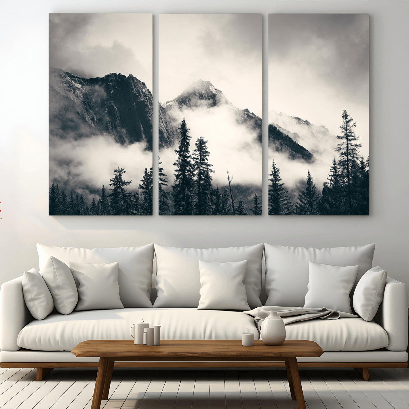 59517-MGV-CV-36X24-Forest Mountain Print - Black and White Canvas Wall Art with Misty Forest Design for Elegant and