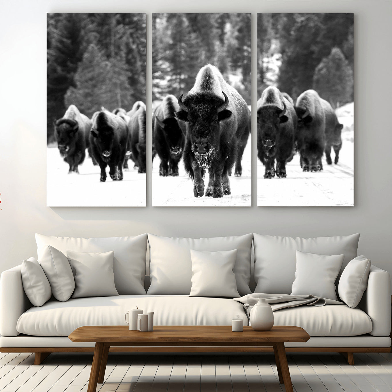 -Bison Herd in Snow Wall Art Canvas Print | Rustic Western Bison Wall Art for Decor for Living Room,