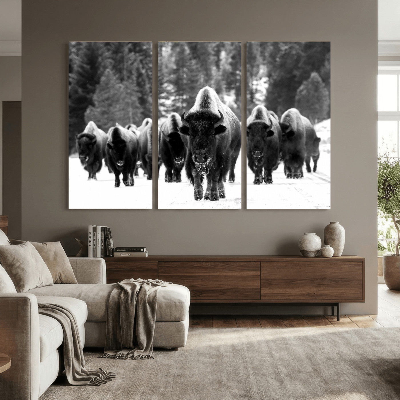 62434-MGV-CV-36X24 - Bison Herd in Snow Wall Art Canvas Print | Rustic Western Bison Wall Art for Decor for Living Room,
