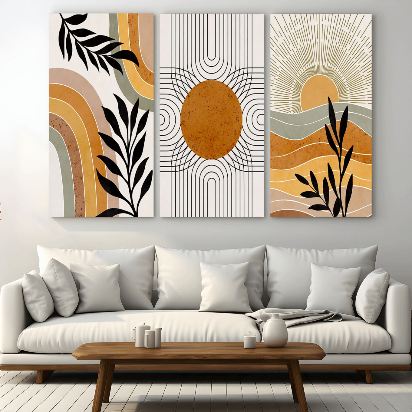 -Modern Boho Sun and Leaf Abstract Art – 3-Panel Giclée Canvas for Mid-Century Modern or Bohemian