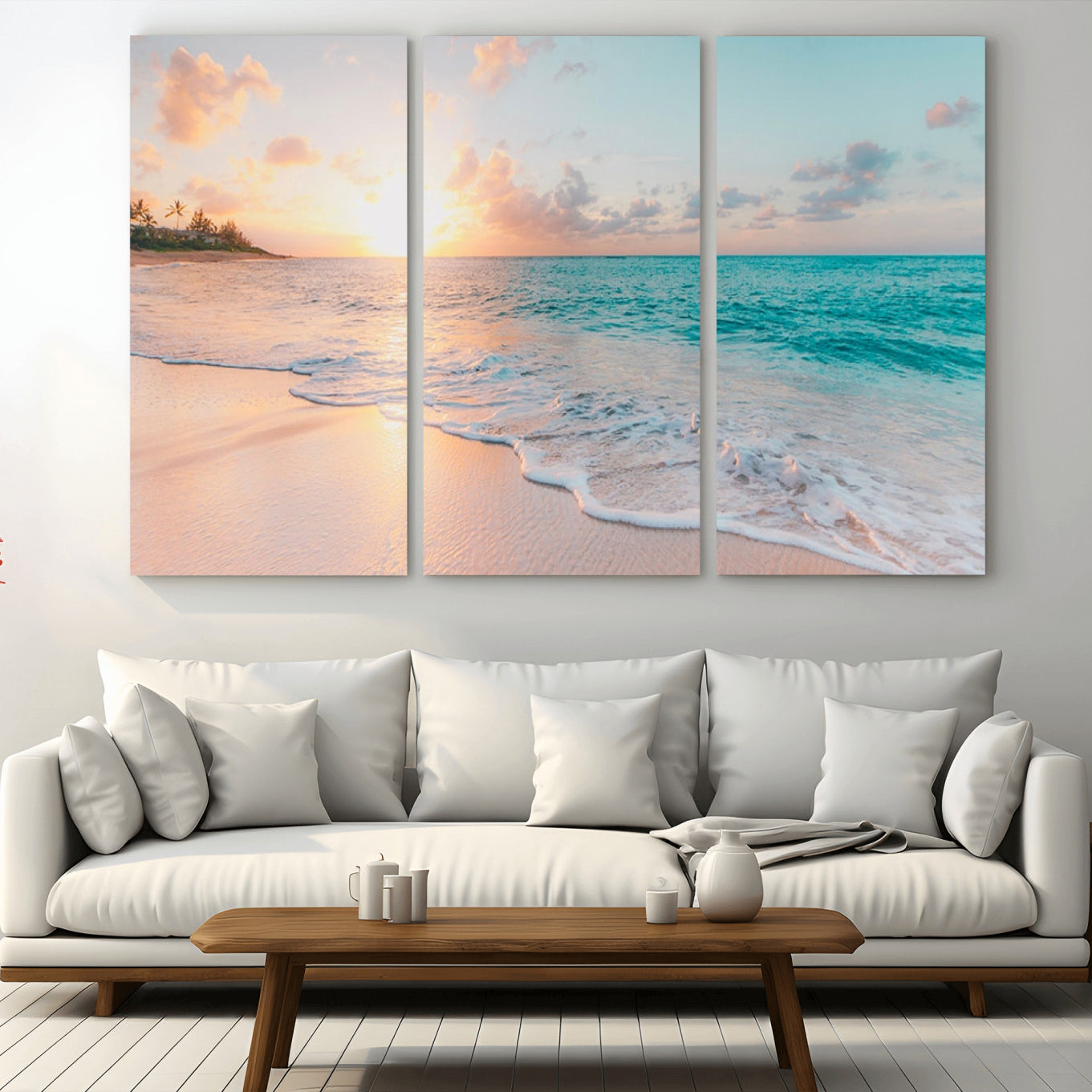 -Beach Sunrise Wall Art, Coastal Seascape Canvas Print, Ocean Wave Multi-Panel Giclee, Coastal Sunset