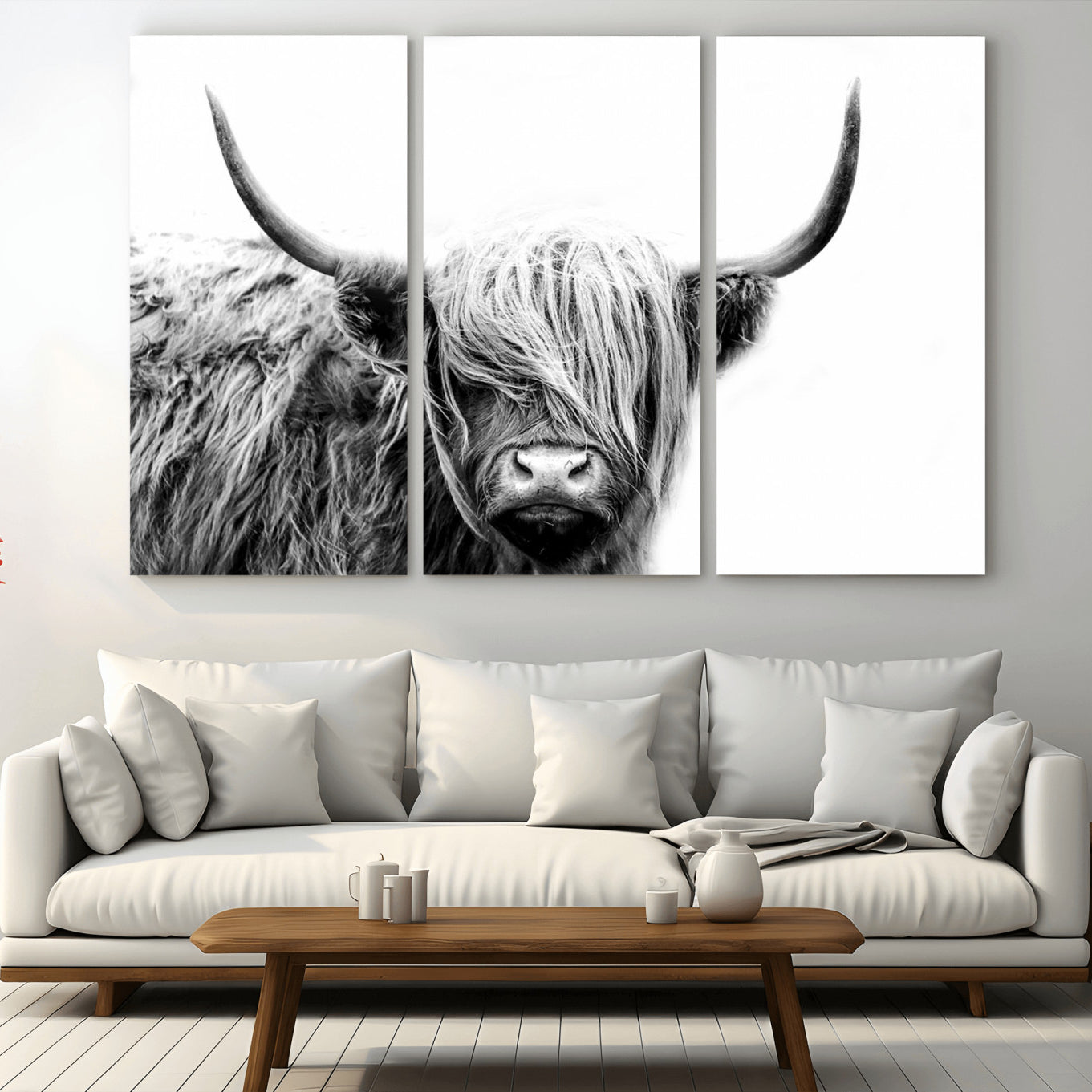 51957-MGV-CV-36X24-Black White Scottish Highland Cow Cattle Art Print Farmhouse Wall Art Canvas Print