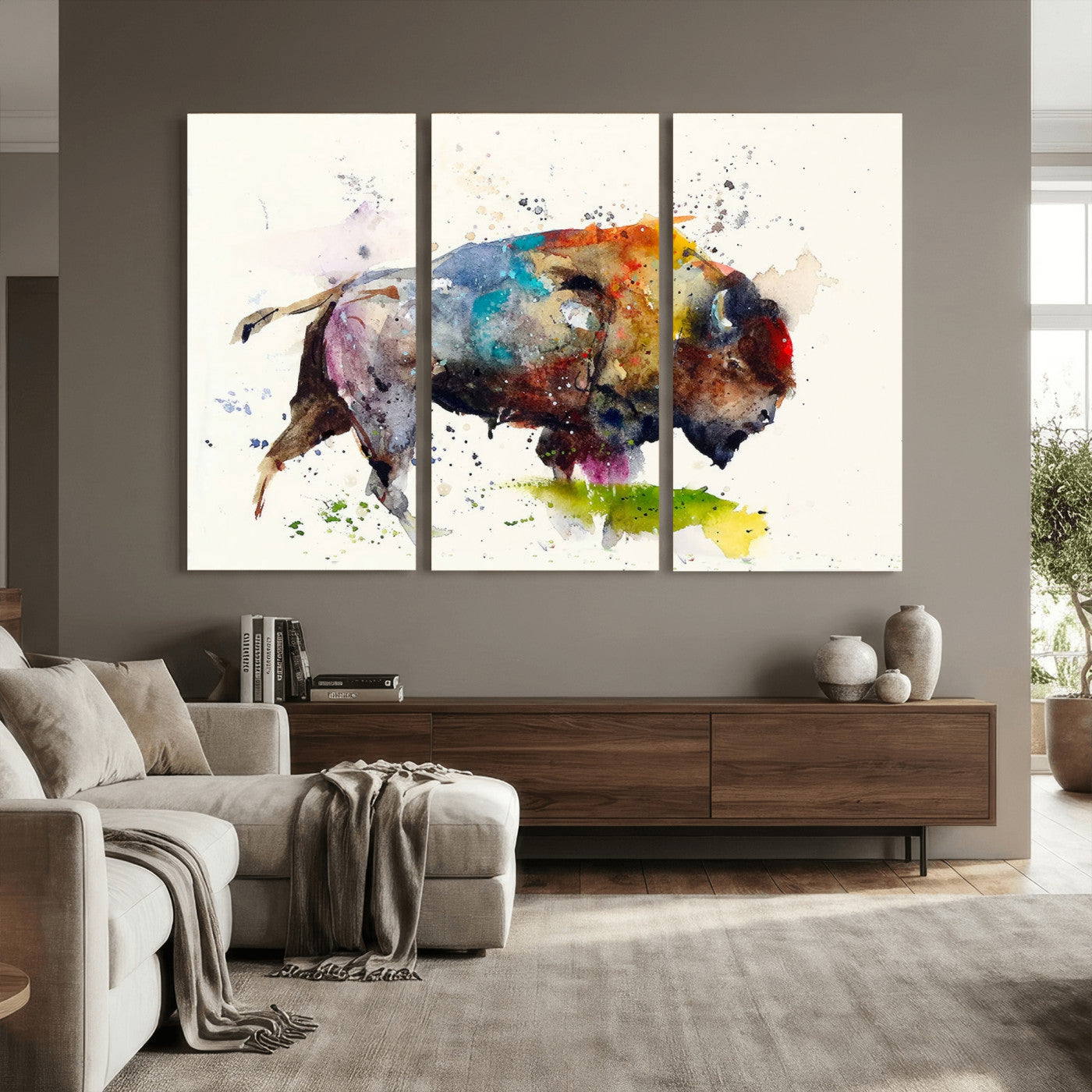 44504-MGV-CV-36X24 - Abstract Buffalo Wall Art, Western Watercolor Bison Canvas Print, Rustic Buffalo Art for Cowboy and