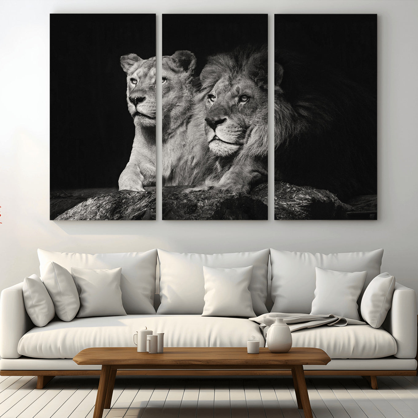 -Lion Couple Wall Art Canvas Print – Elegant Black and White Wildlife Portrait Lion Family Artwork for Home, Office