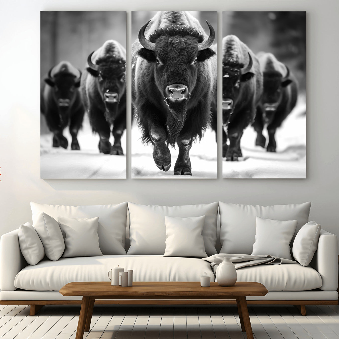 -American Bison Art | Buffalo Herd Wall Art Canvas Print, BW American Bison Herd Wall Art Canvas
