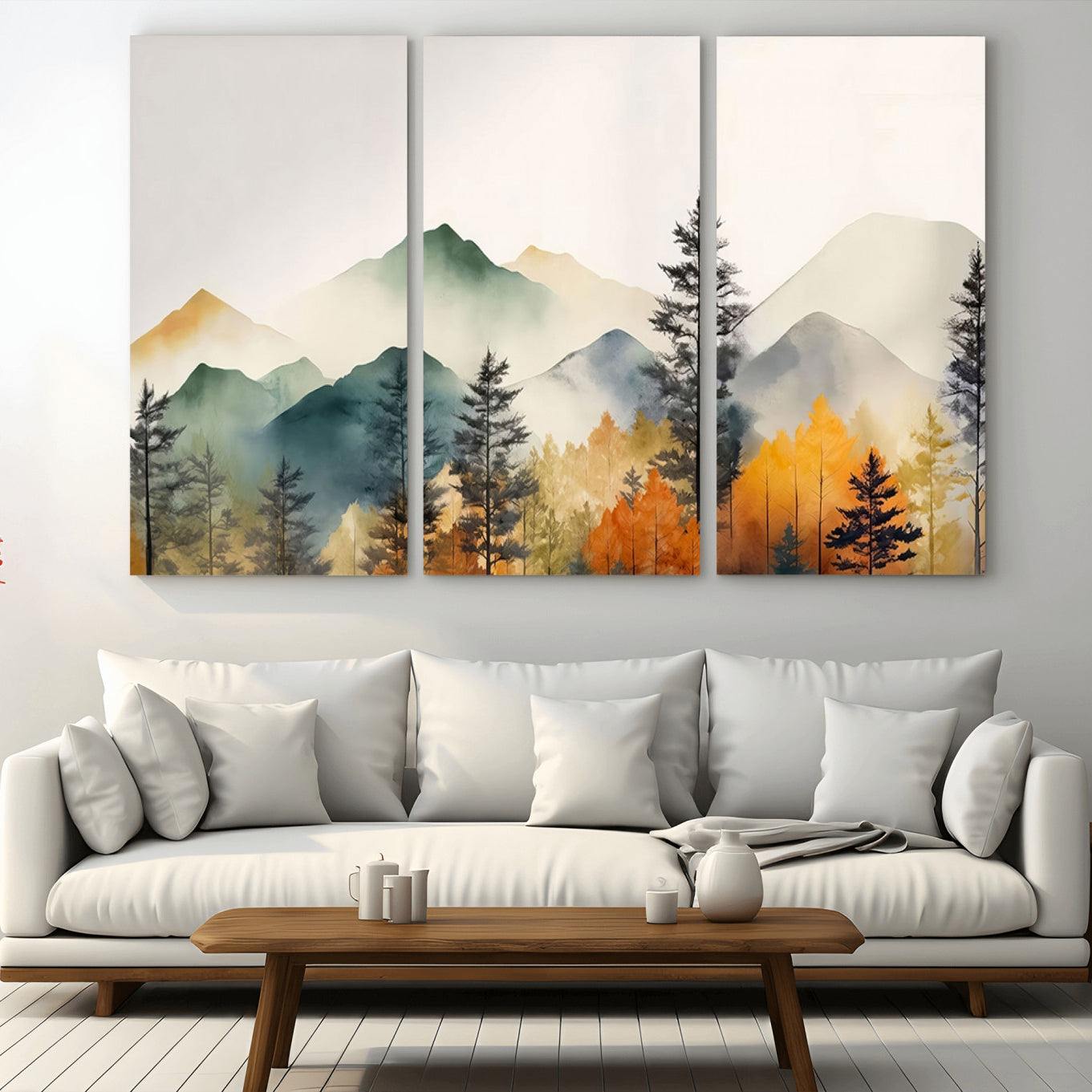 25689-MGV-CV-36X24-Abstract Watercolor Mountains and Trees Autumn Wall Art, Mountains and Trees Autumn Wall Art Canvas