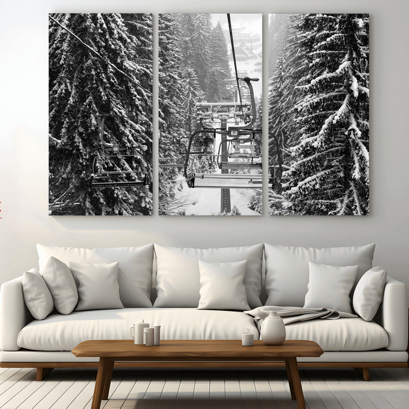 19240-MGV-CV-36X24-Winter Ski Lift Black and White Canvas Wall Art – Alpine Escape in Minimalist Style – Winter Ski