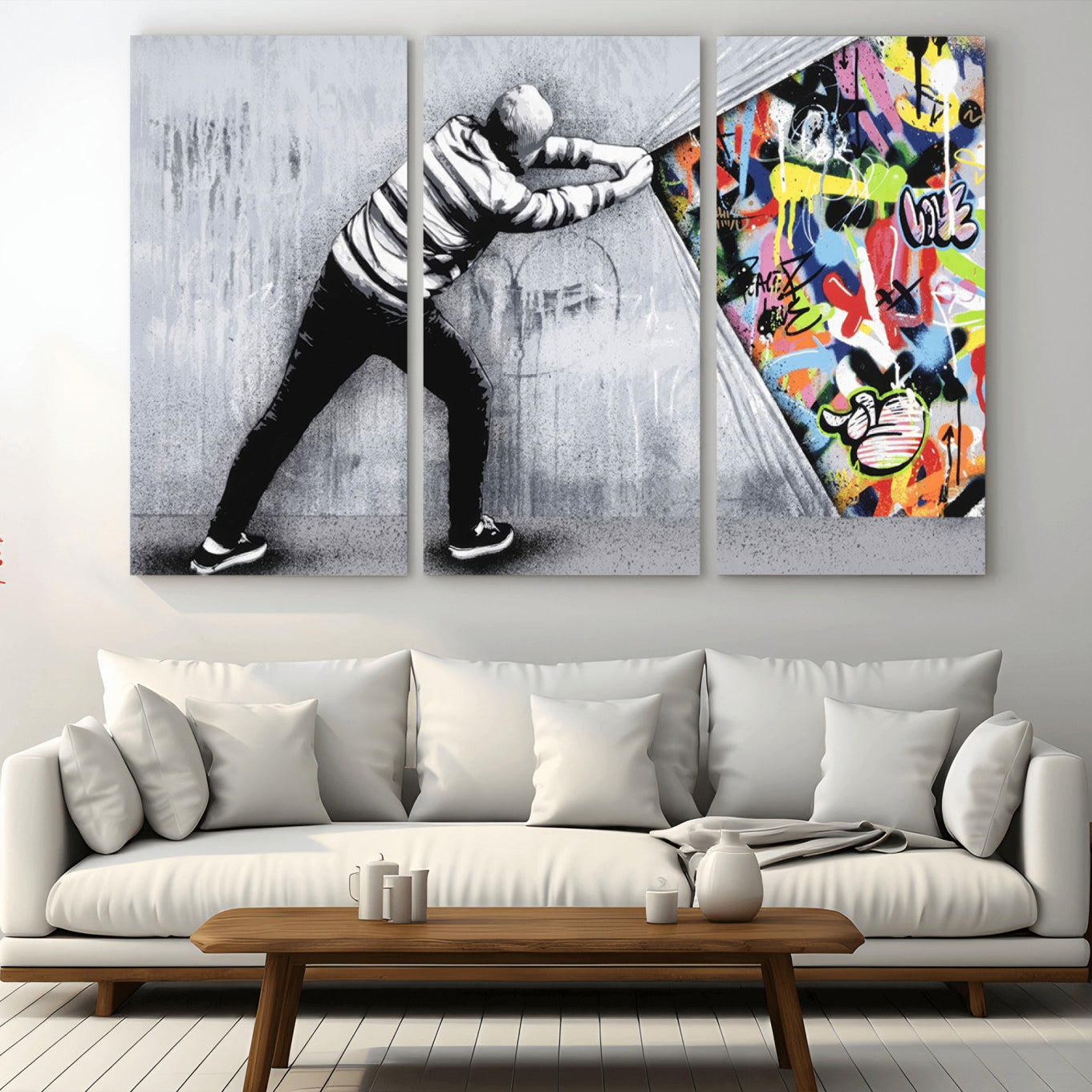 -Banksy Art Behind the Curtain Street Wall Art Canvas Print | 3-Panel Urban Graffiti-Inspired Wall