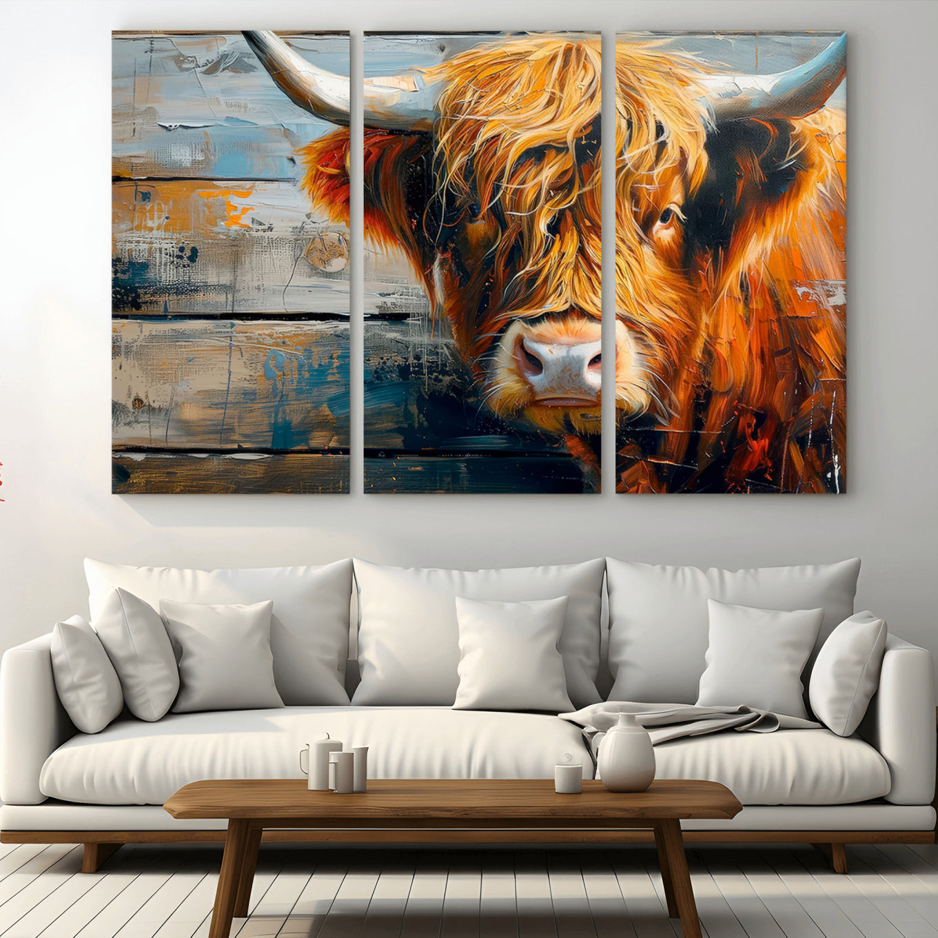 -Highland Cow Abstract Canvas Wall Art – Bold Farmhouse Rustic Decor – Ready to Hang