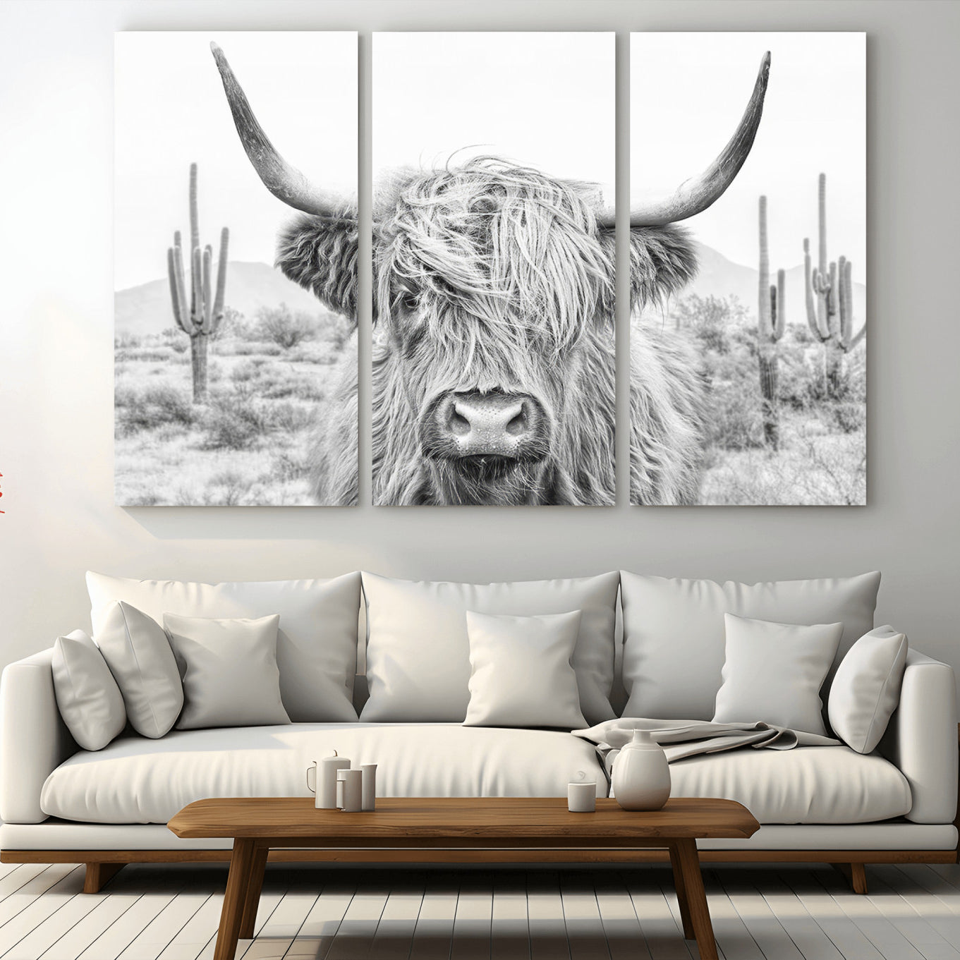 -Rustic Charm | Cow Longhorn Black White Bighorn Wall Art Canvas Print | Farmhouse Wall Art