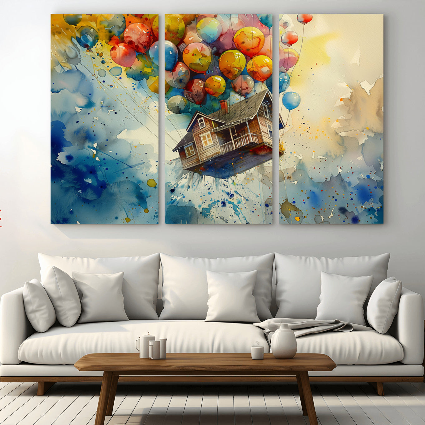 -UP-Inspired Floating House with Balloons Canvas Art – Colorful 3-Panel Wall Decor for Living Room,