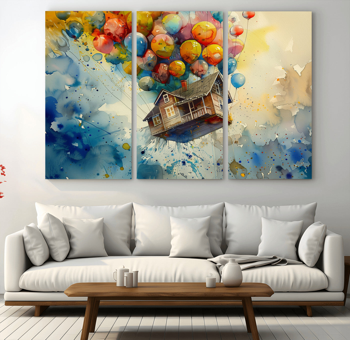 77149-MGV-CV-36X24-UP-Inspired Floating House with Balloons Canvas Art – Colorful 3-Panel Wall Decor for Living Room,