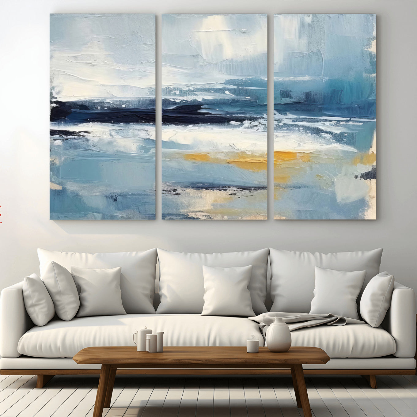 19746-MGV-CV-36X24-Abstract Ocean Canvas Wall Art - Coastal Blue and Gold Textured Painting, Modern Seascape Decor for