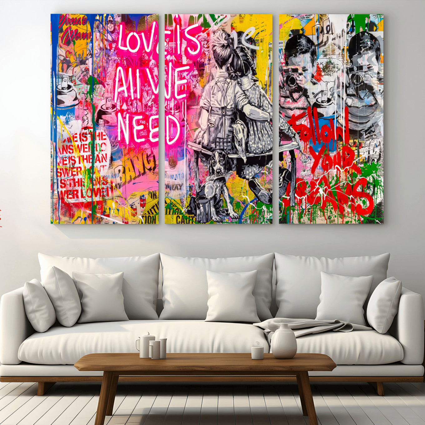 67019-MGV-CV-36X24-Follow Your Dreams & Love is All We Need Graffiti Street Art Triptych | Colorful Urban Wall Art