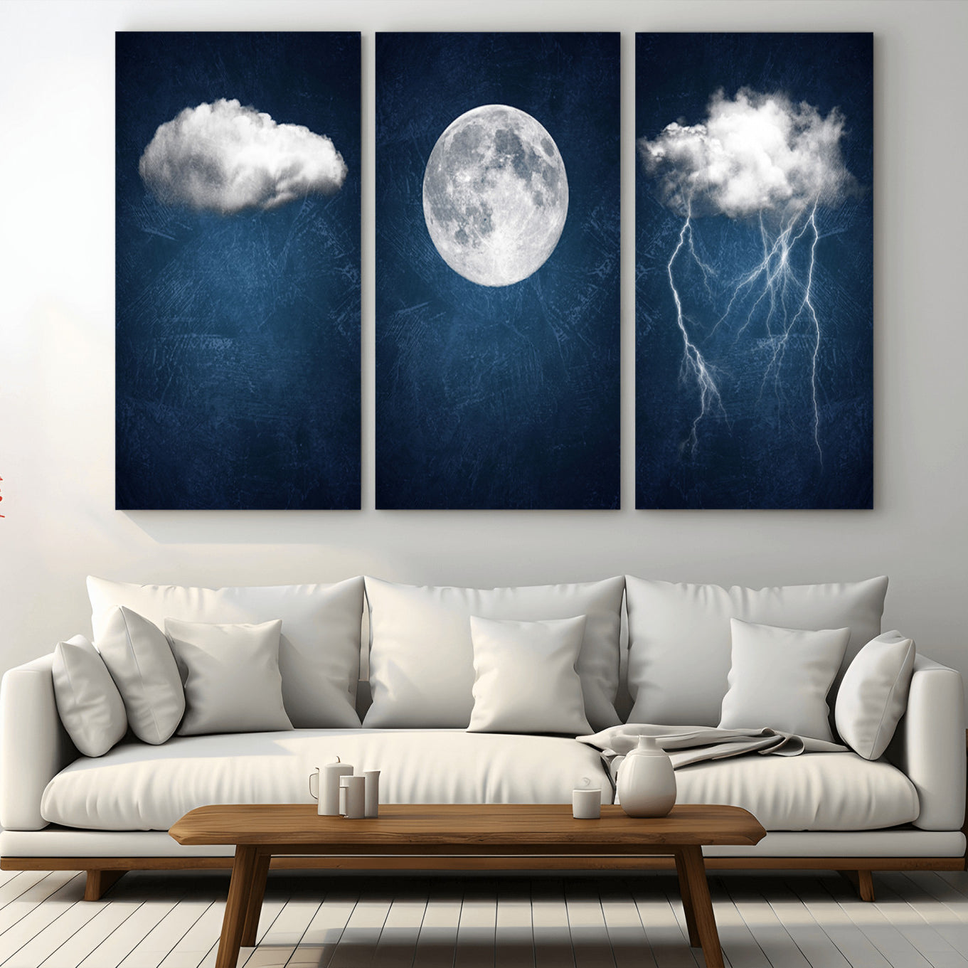 96569-MGV-CV-36X24-Dark Blue Cloud Art, 3 Piece Indigo Blue Wall Art, Aesthetic Surreal Art, Thunderstorm Moon Cloud