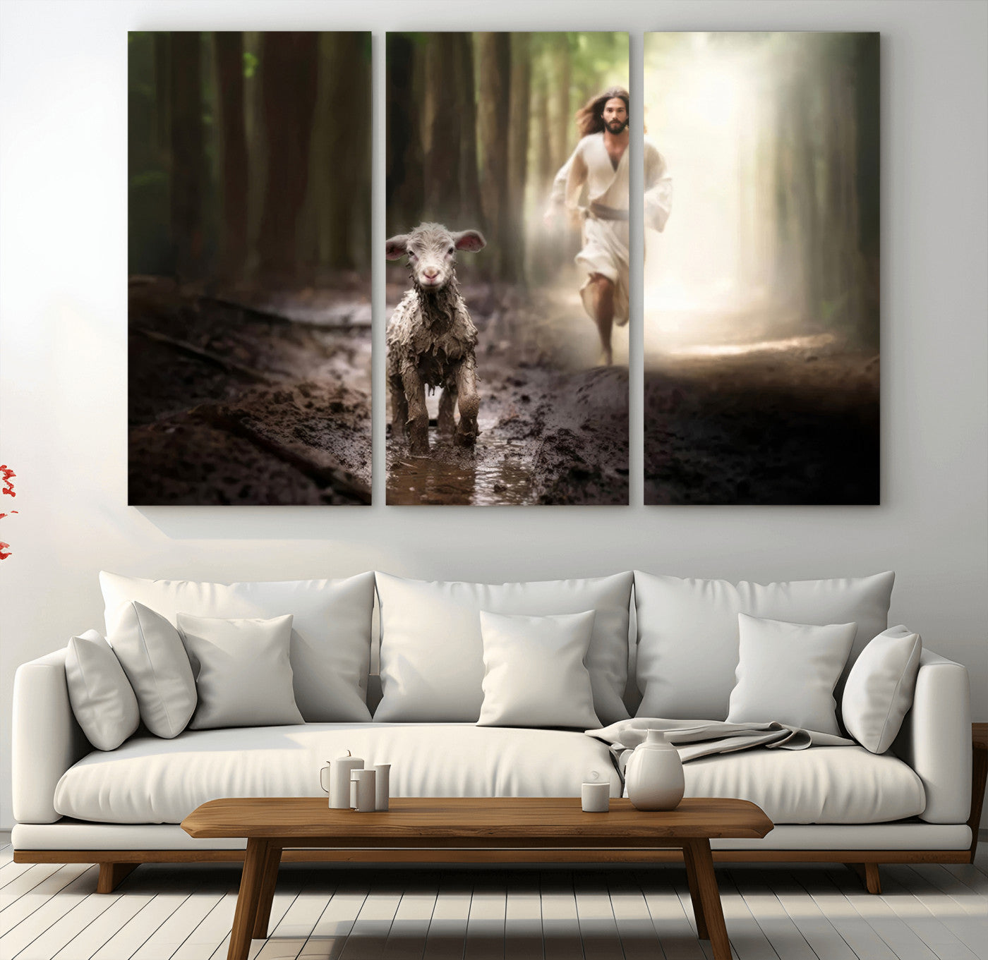 -Jesus Canvas Wall Art - Jesus Running After Lost Lamb, Jesus, Christian Home Decor - Church Wall Art