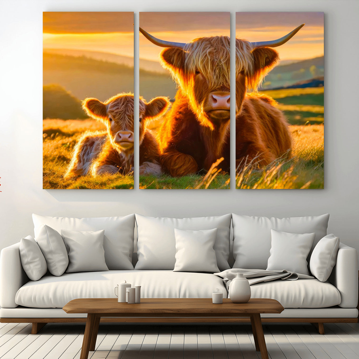 -Scottish Cow and Baby Cow Canvas Wall Art Animal Print Fluffy Cattle Framed Farmhouse Decor